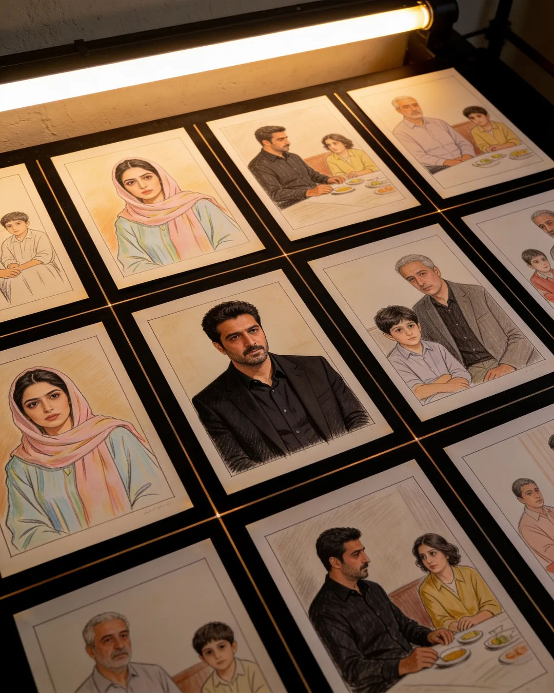 Storyboard cards of an Iranian family drama laid out on a production table