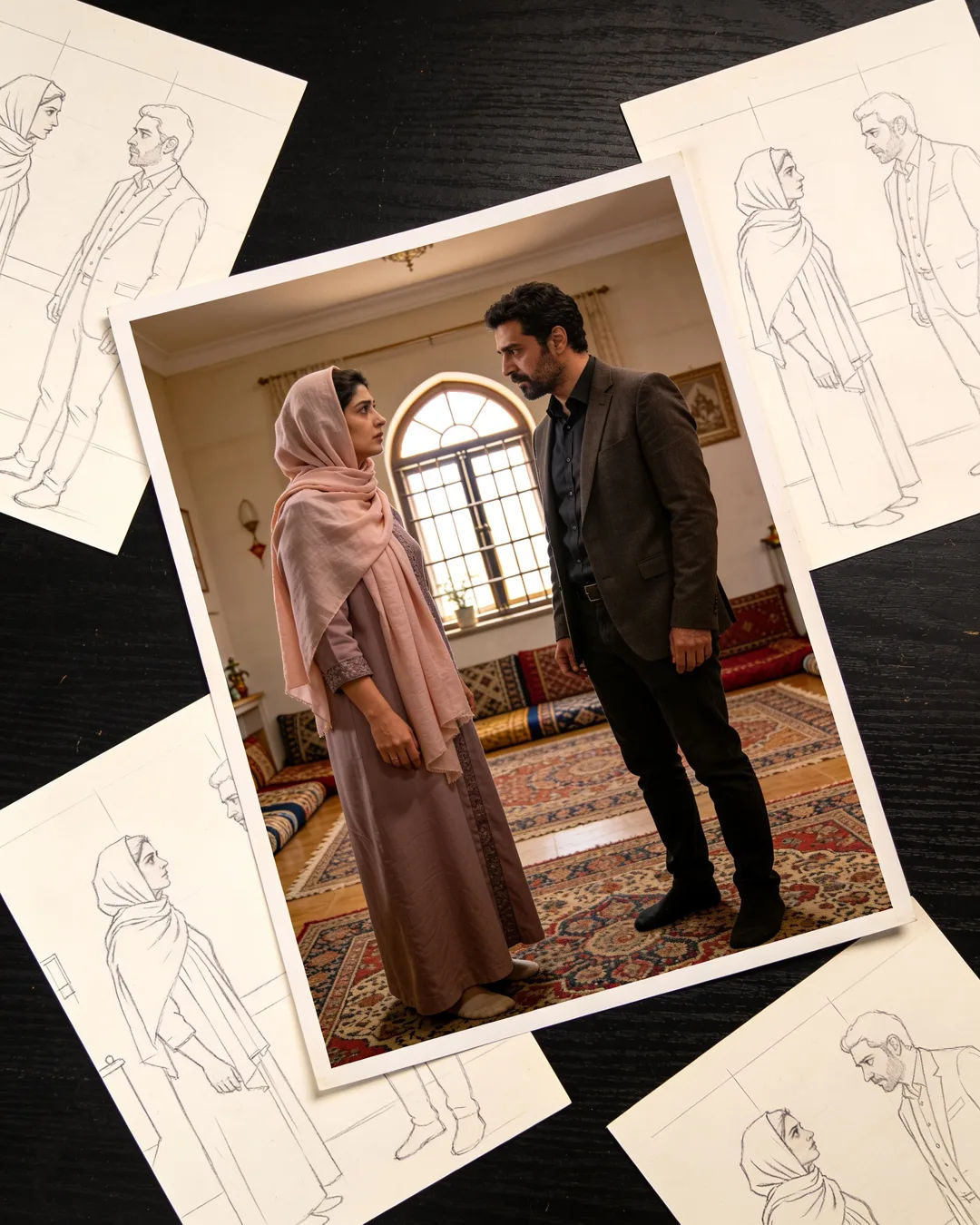 Pencil storyboard sketches around a finished photo of an Iranian family scene