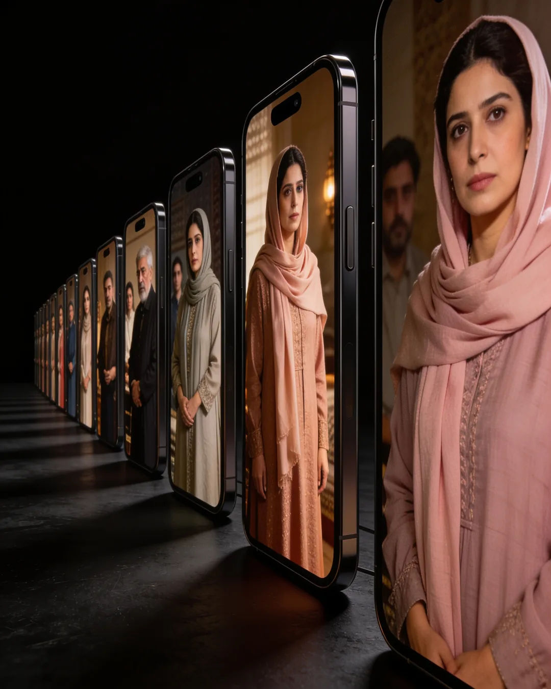 A row of phones showing episodes of the same Iranian drama series