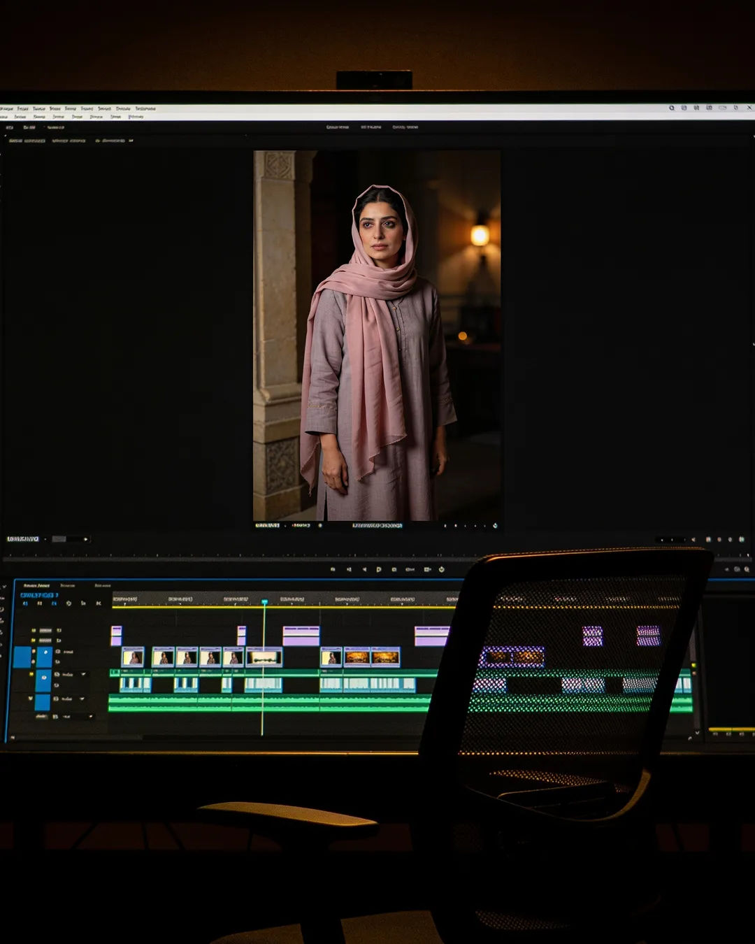 An editing suite with a vertical frame of an Iranian woman in a pastel headscarf above a timeline