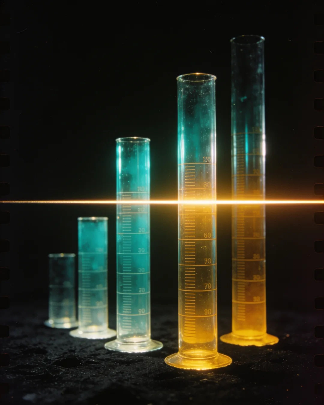 Glass columns of different heights with a glowing limit line