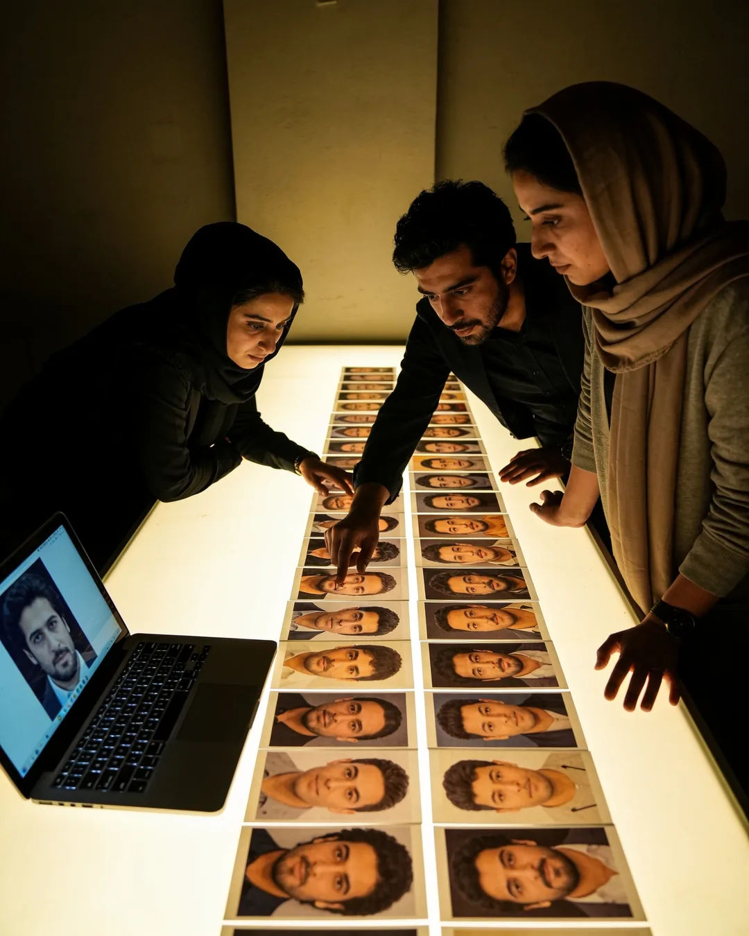 An Iranian production team reviewing printed frames on a lit table