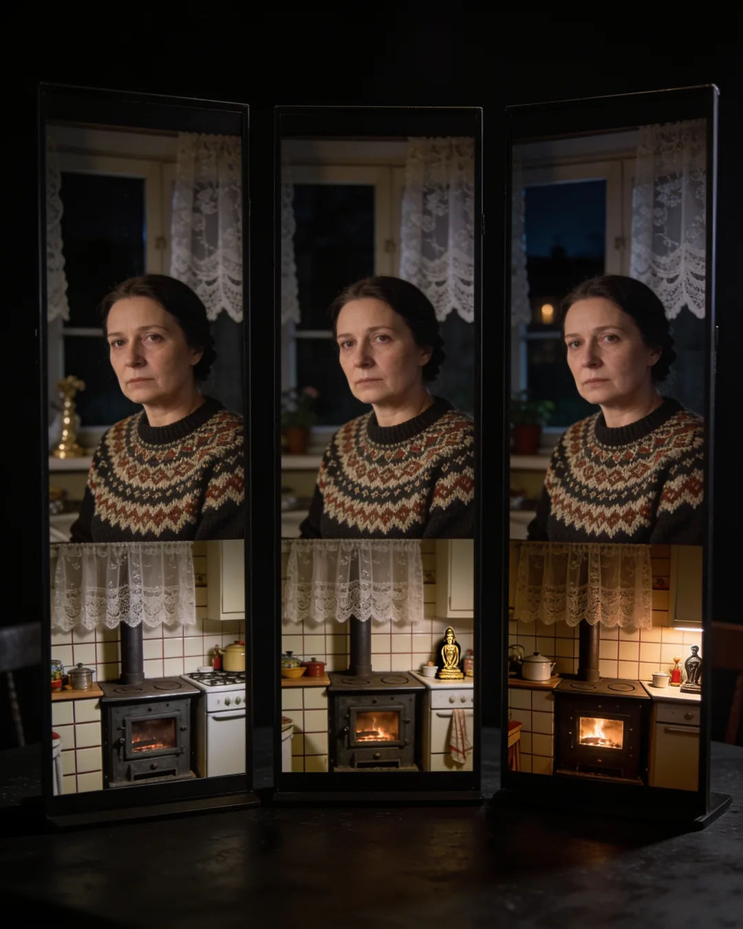 The same Polish woman in a patterned knit sweater on three vertical phone screens