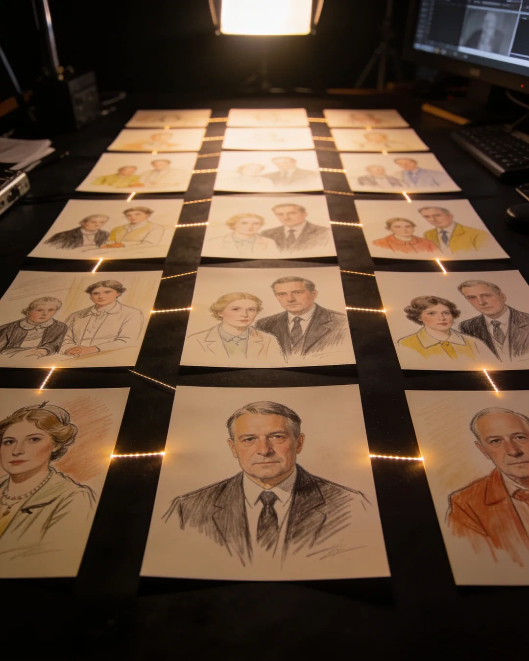Storyboard cards of a Polish family drama laid out on a production table
