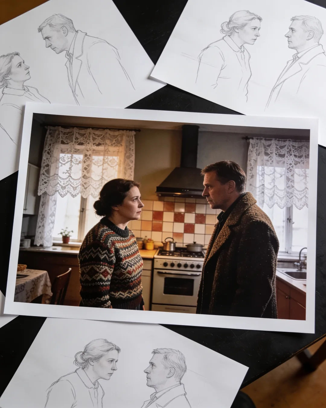 Pencil storyboard sketches around a finished photo of a Polish family scene