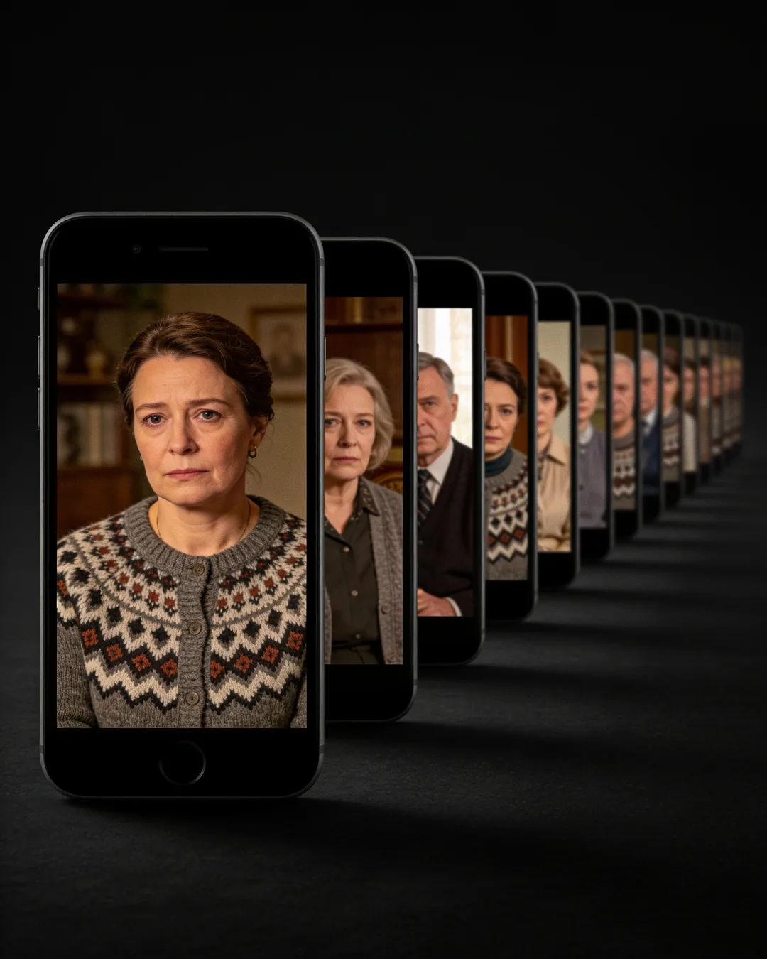 A row of phones showing episodes of the same Polish drama series