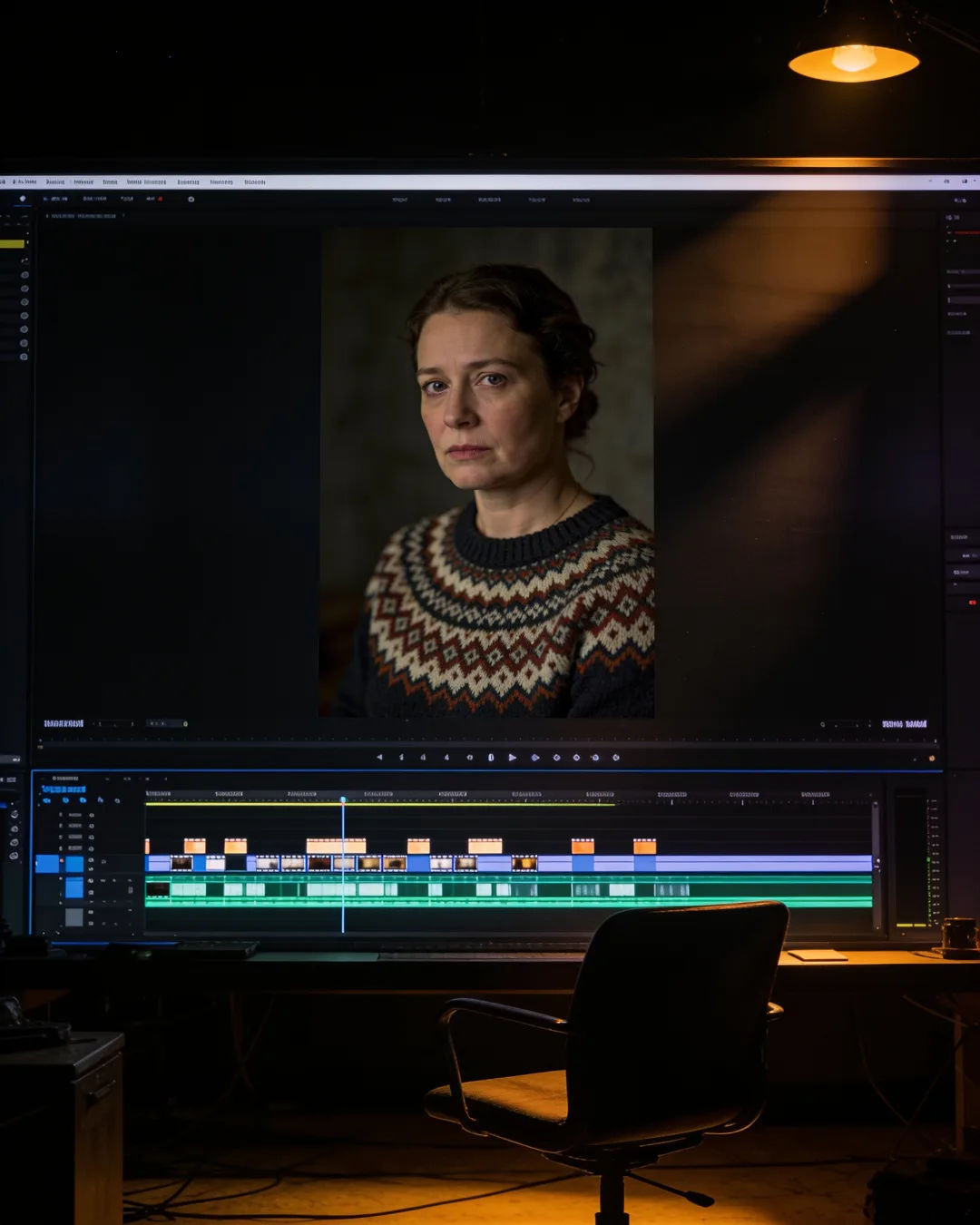 An editing suite with a vertical frame of a Polish woman in a patterned knit sweater above a timeline
