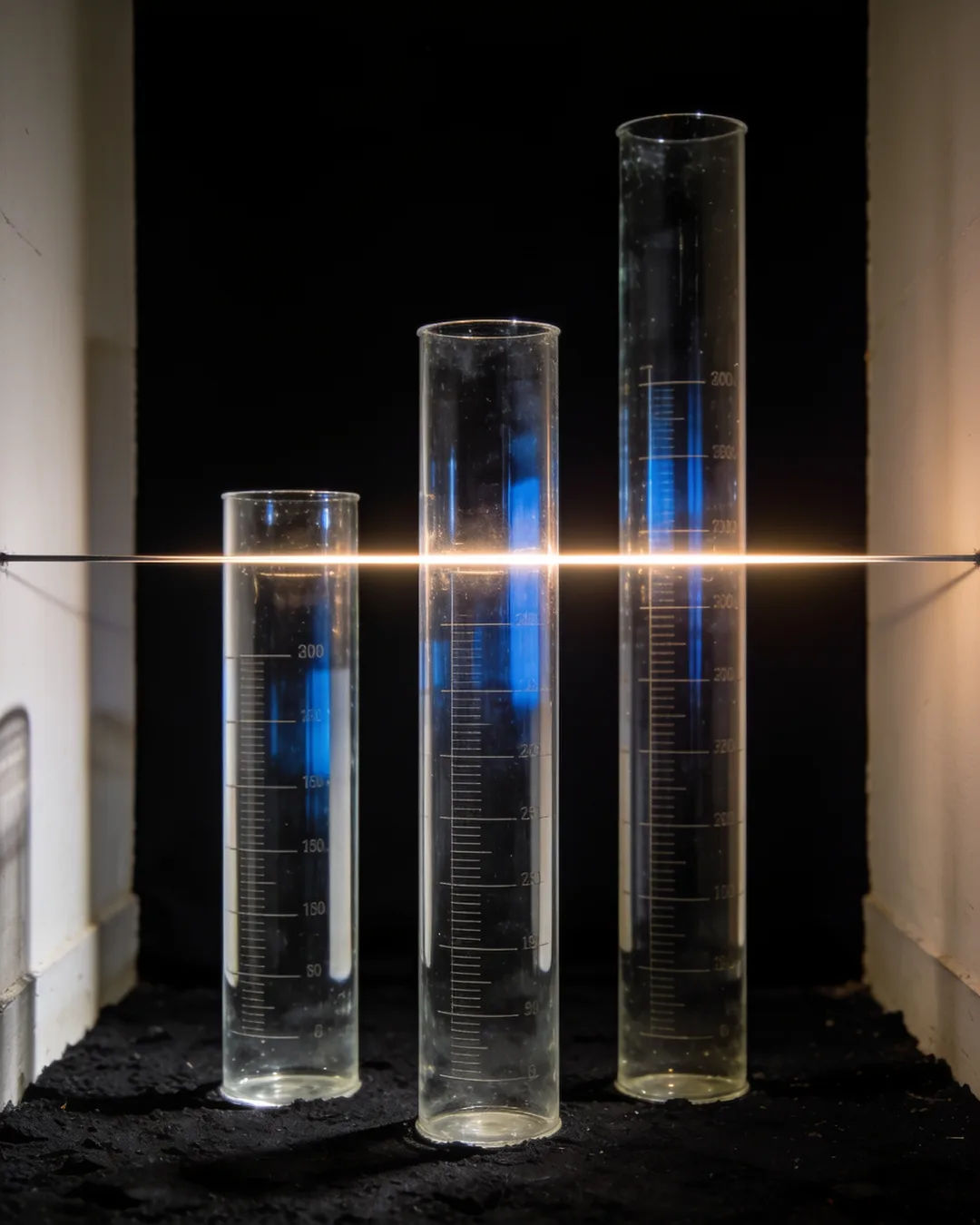 Glass columns of different heights with a glowing limit line