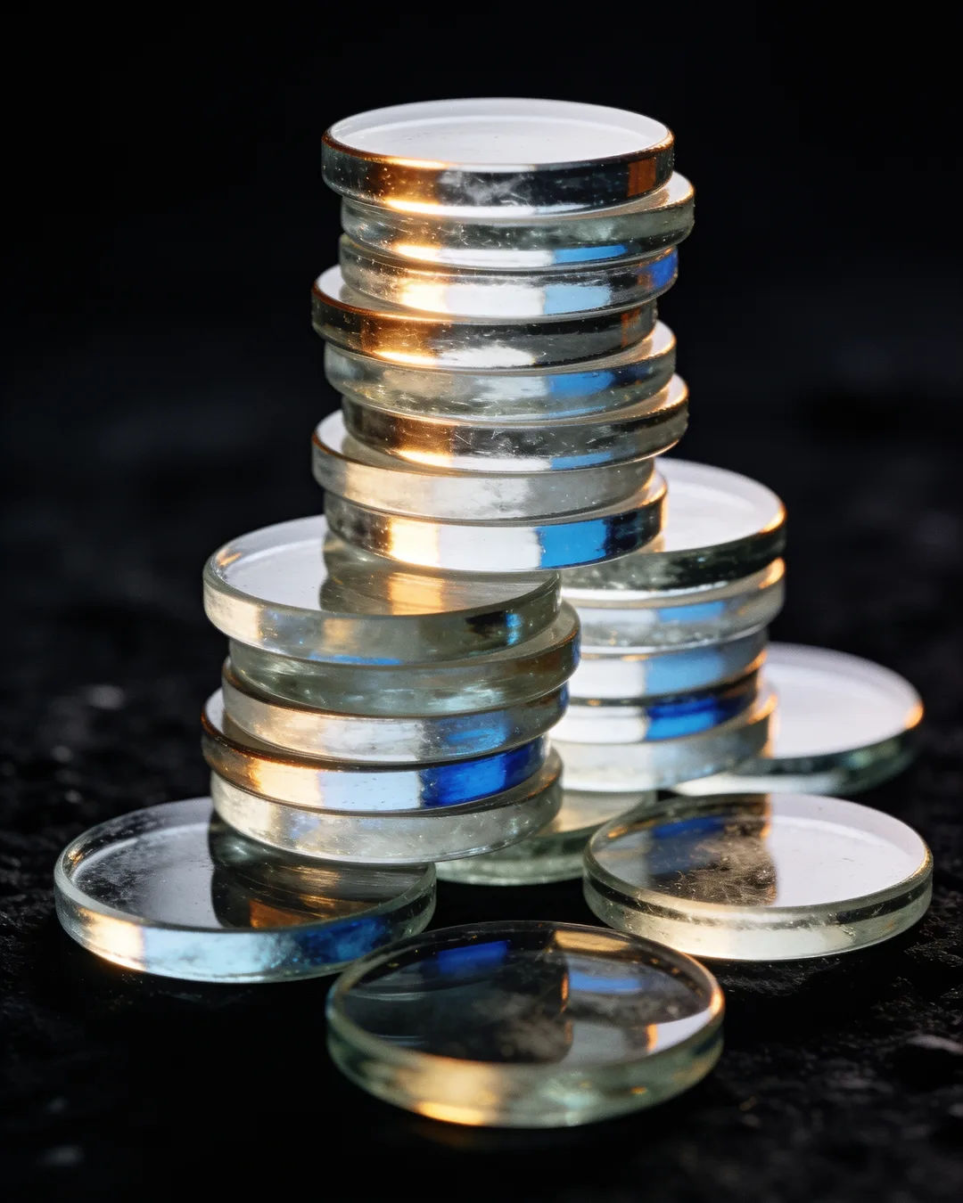 Stacks of glass tokens rising on a black ground