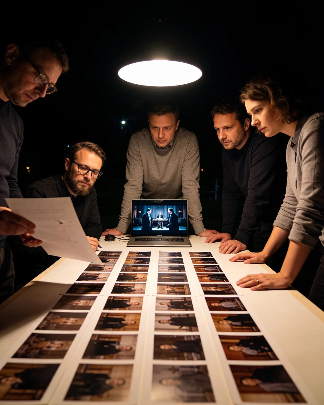 A Polish production team reviewing printed frames on a lit table