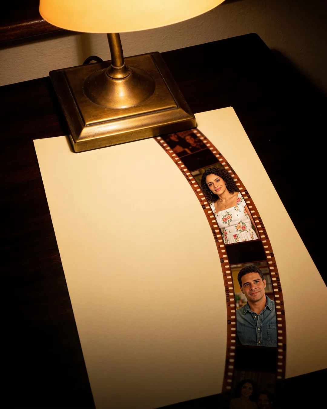 A blank page under a desk lamp beside a strip of film frames from a Brazilian family drama