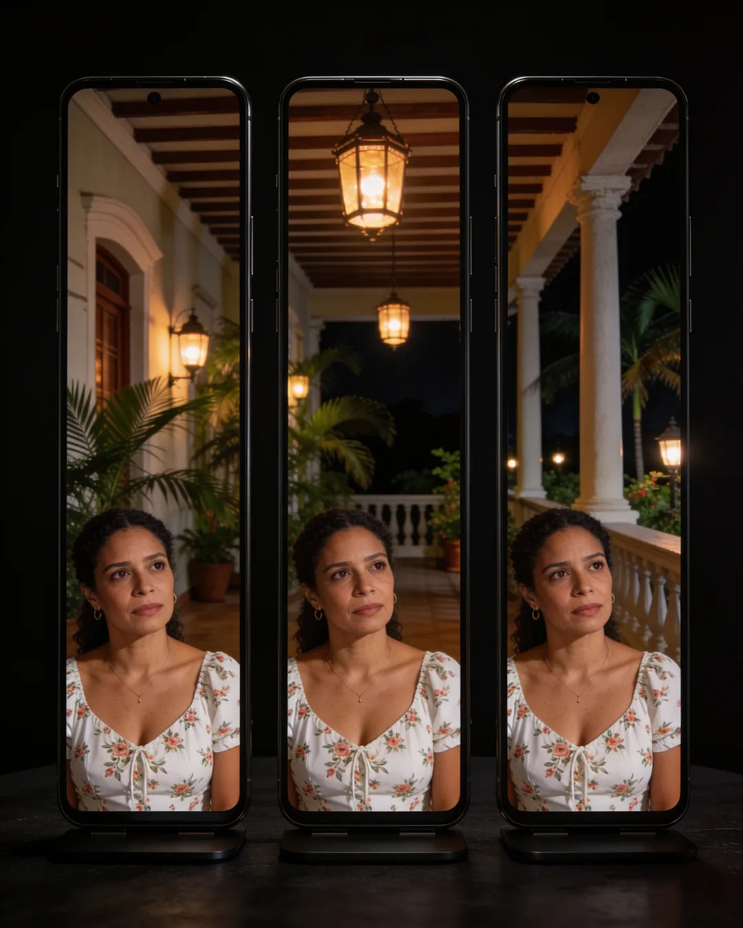 The same Brazilian woman in a white floral dress on three vertical phone screens