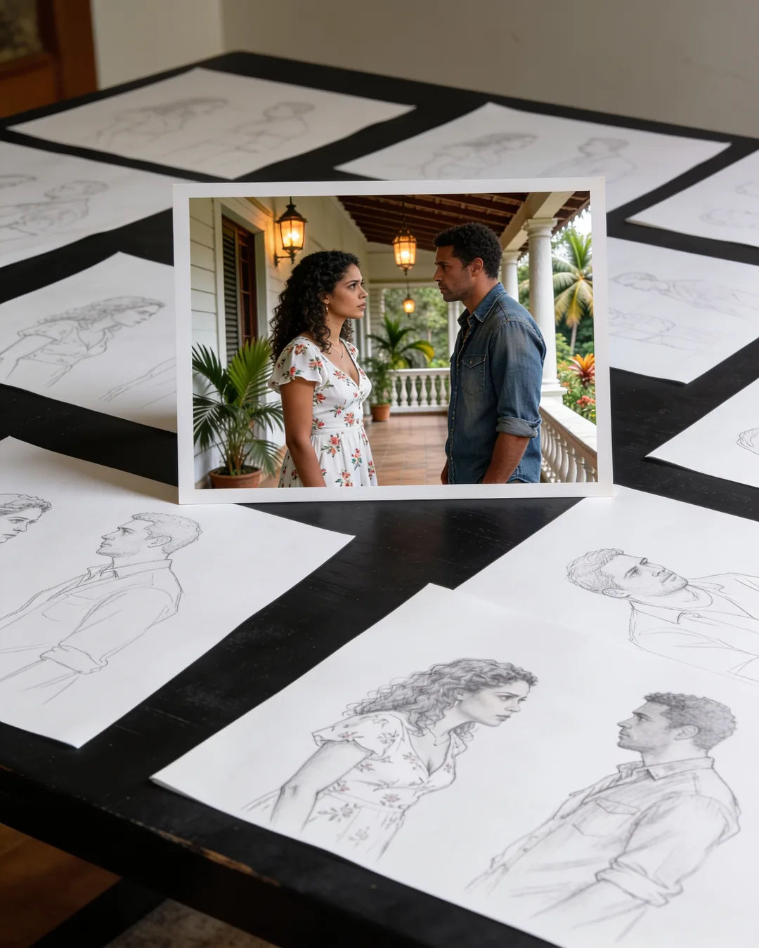 Pencil storyboard sketches around a finished photo of a Brazilian family scene