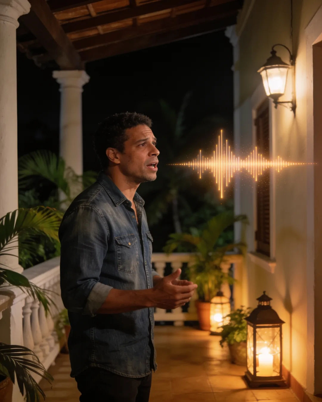 A Brazilian man in a denim shirt speaking at home, a sound waveform beside him