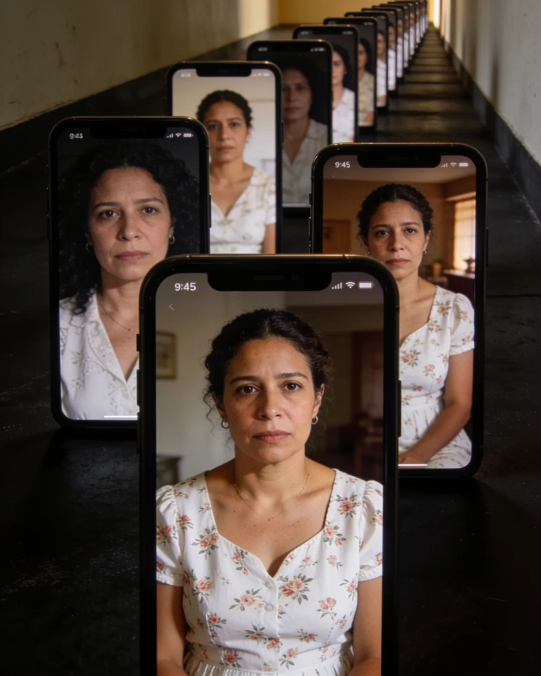 A row of phones showing episodes of the same Brazilian drama series