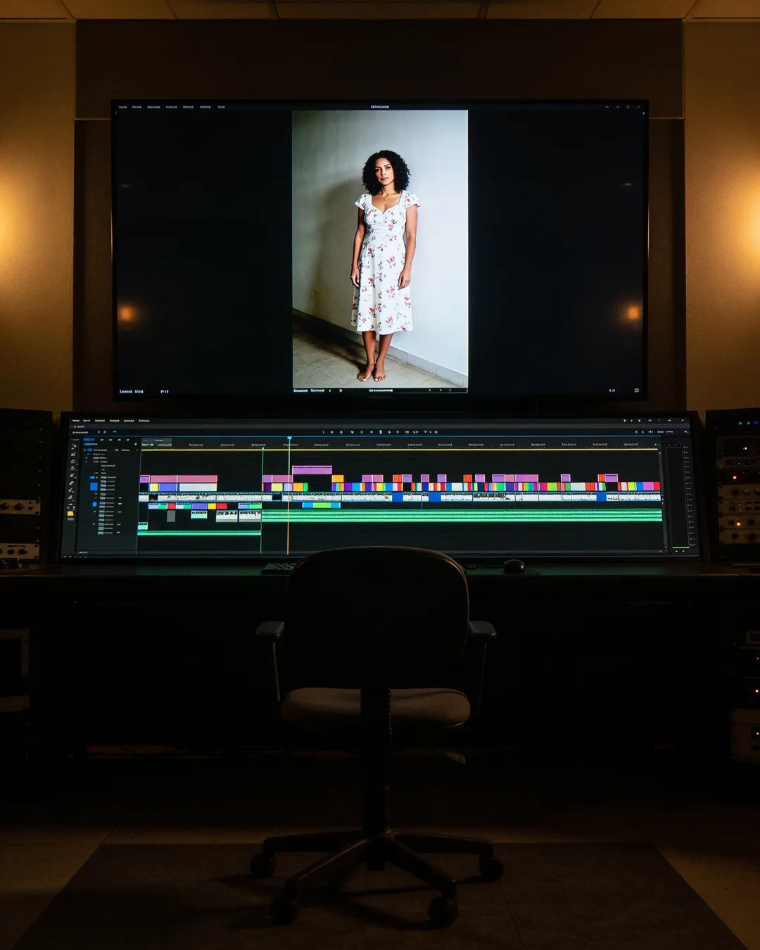 An editing suite with a vertical frame of a Brazilian woman in a white floral dress above a timeline