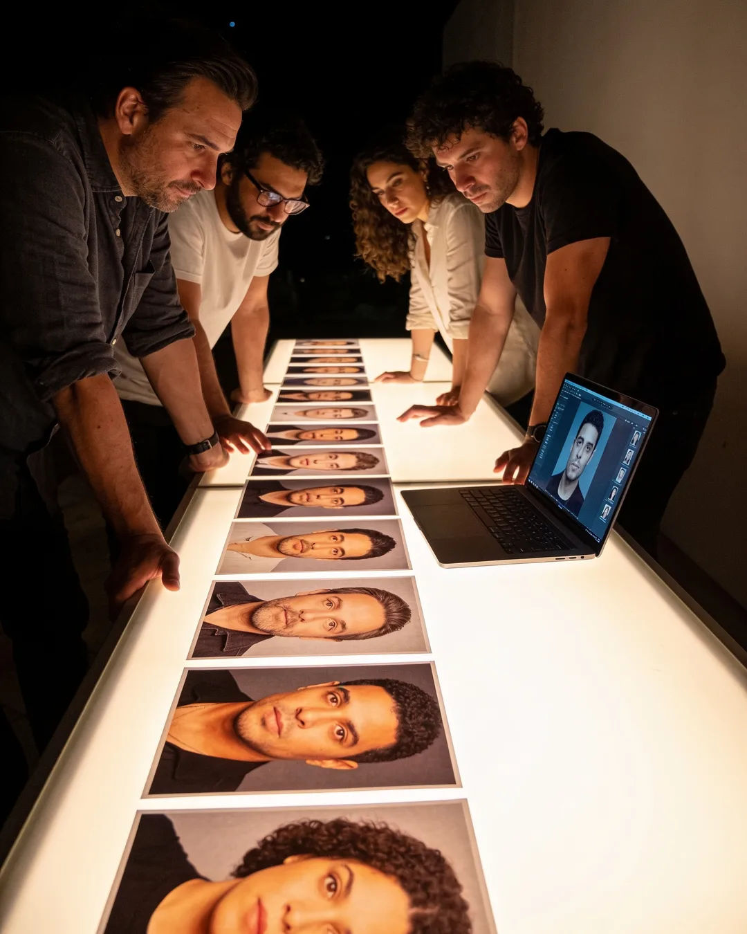 A São Paulo production team reviewing printed frames on a lit table