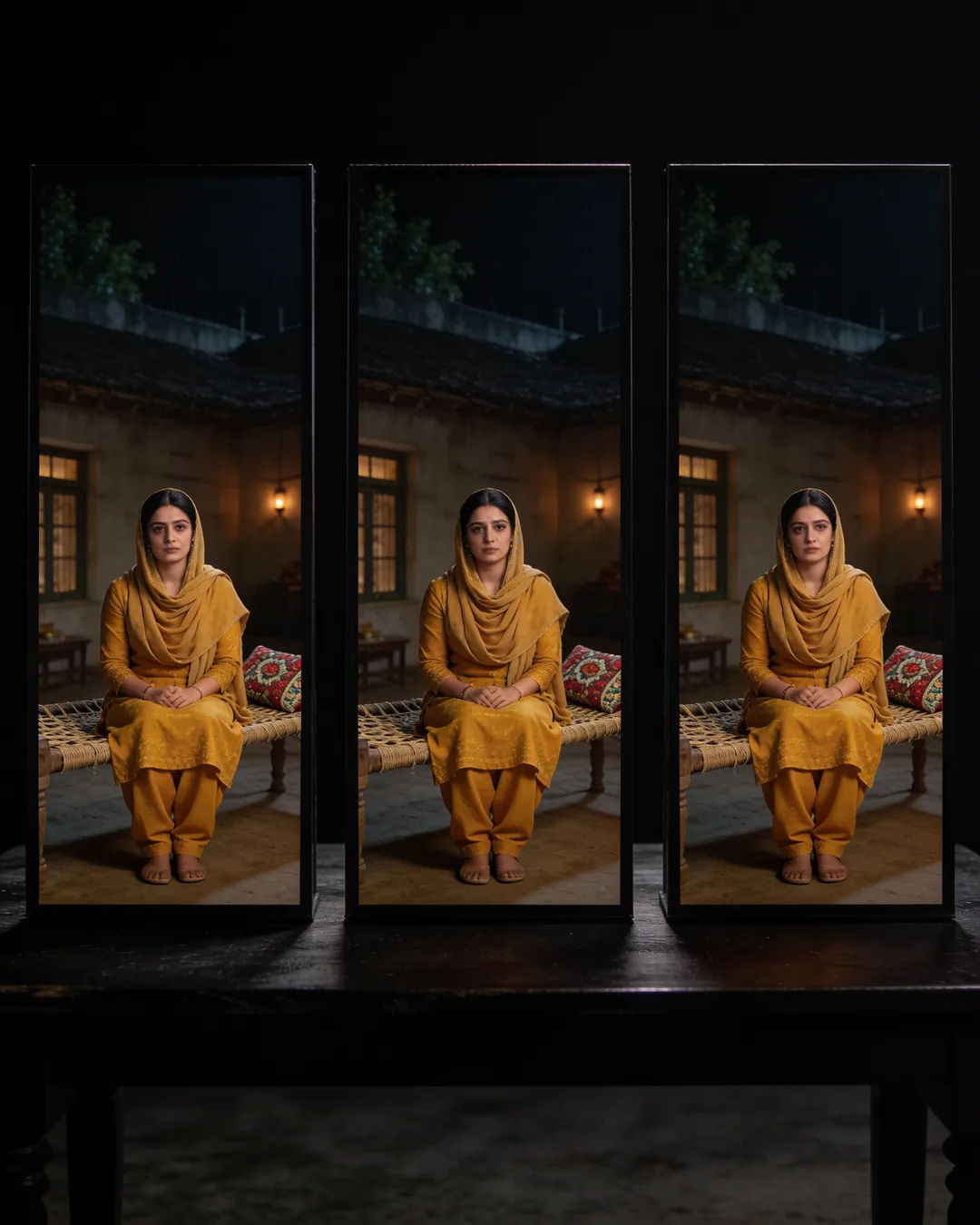 The same Punjabi woman in a mustard salwar kameez on three vertical phone screens