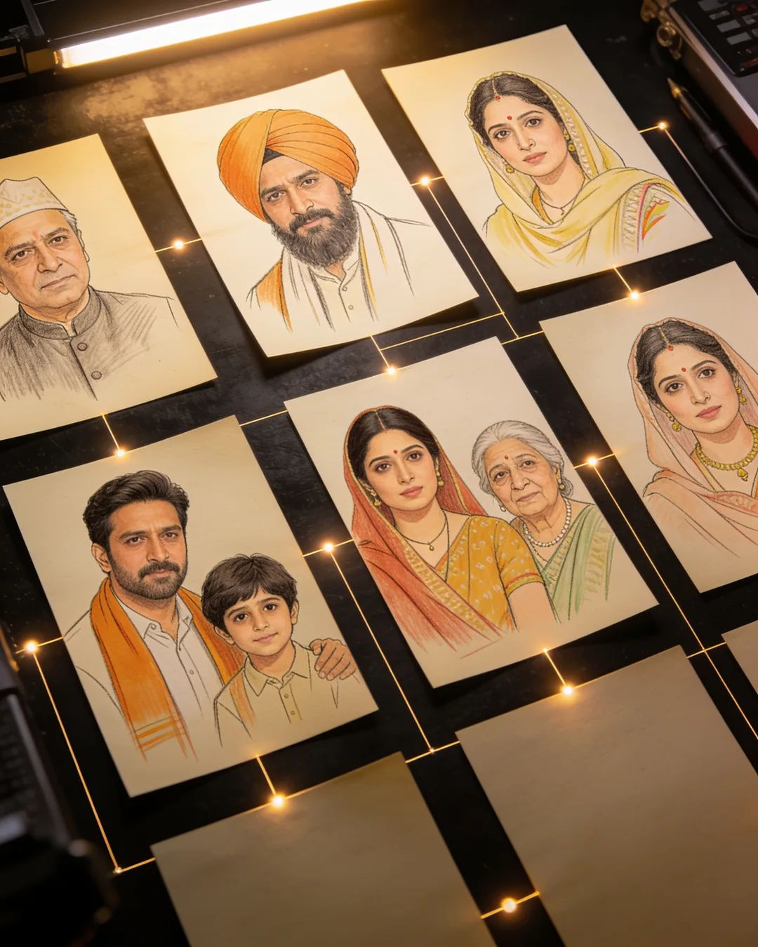 Storyboard cards of a Punjabi family drama laid out on a production table