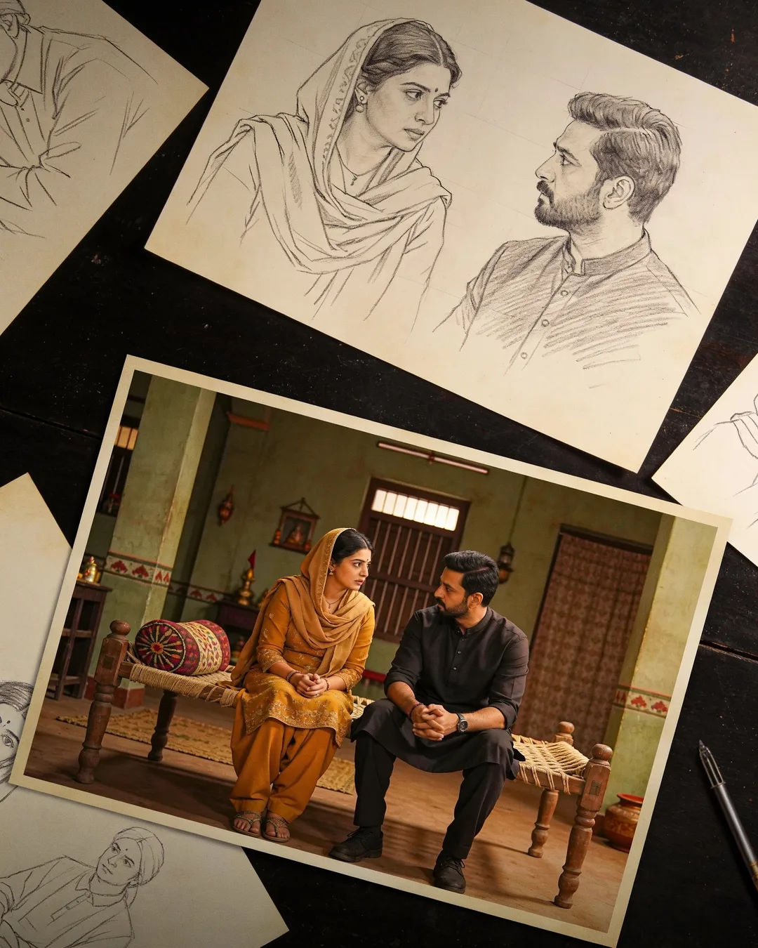 Pencil storyboard sketches around a finished photo of a Punjabi family scene