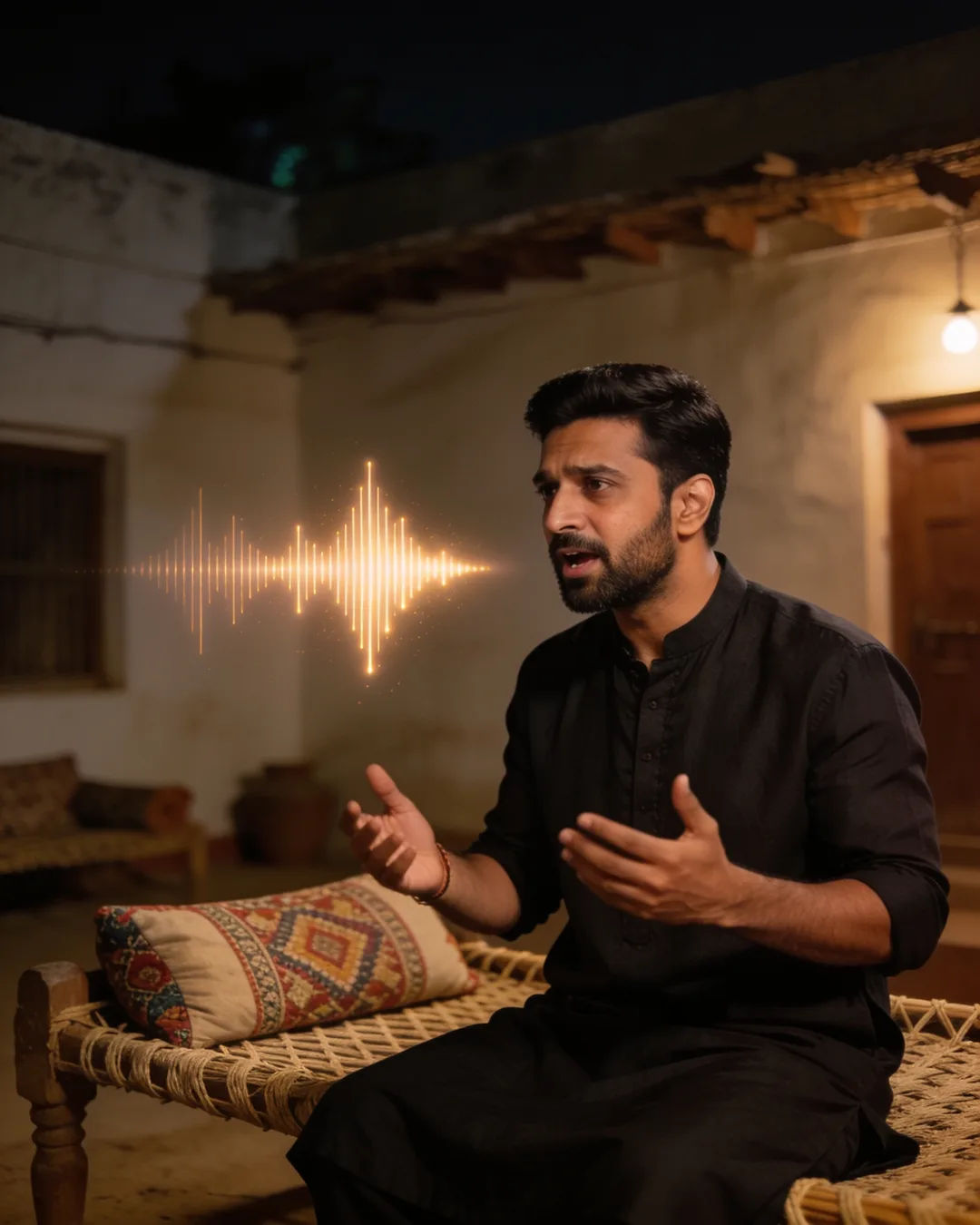 A Punjabi man in a dark kurta speaking at home, a sound waveform beside him