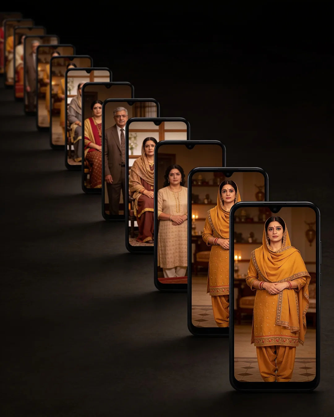A row of phones showing episodes of the same Punjabi drama series