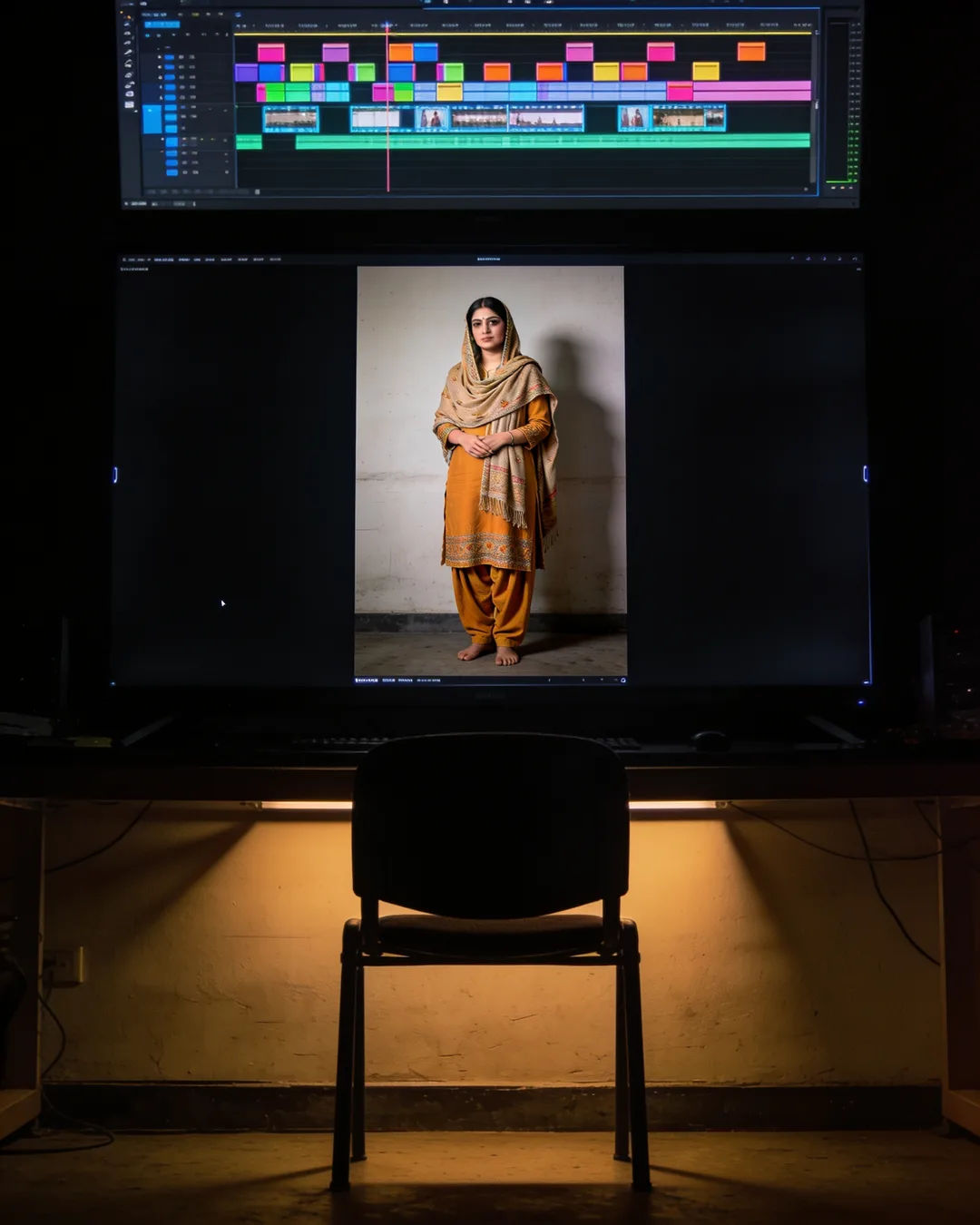 An editing suite with a vertical frame of a Punjabi woman in a mustard salwar kameez above a timeline