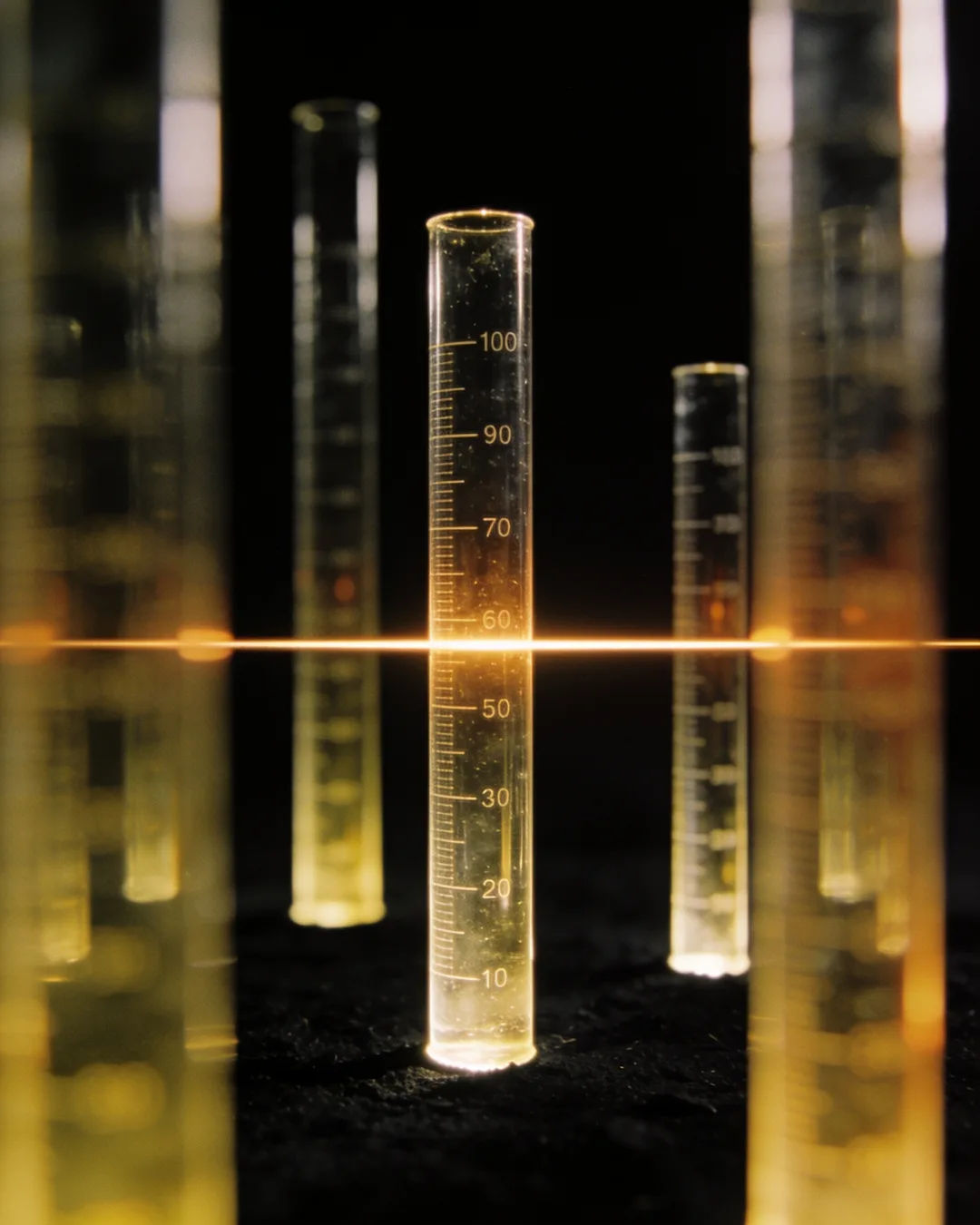 Glass columns of different heights with a glowing limit line