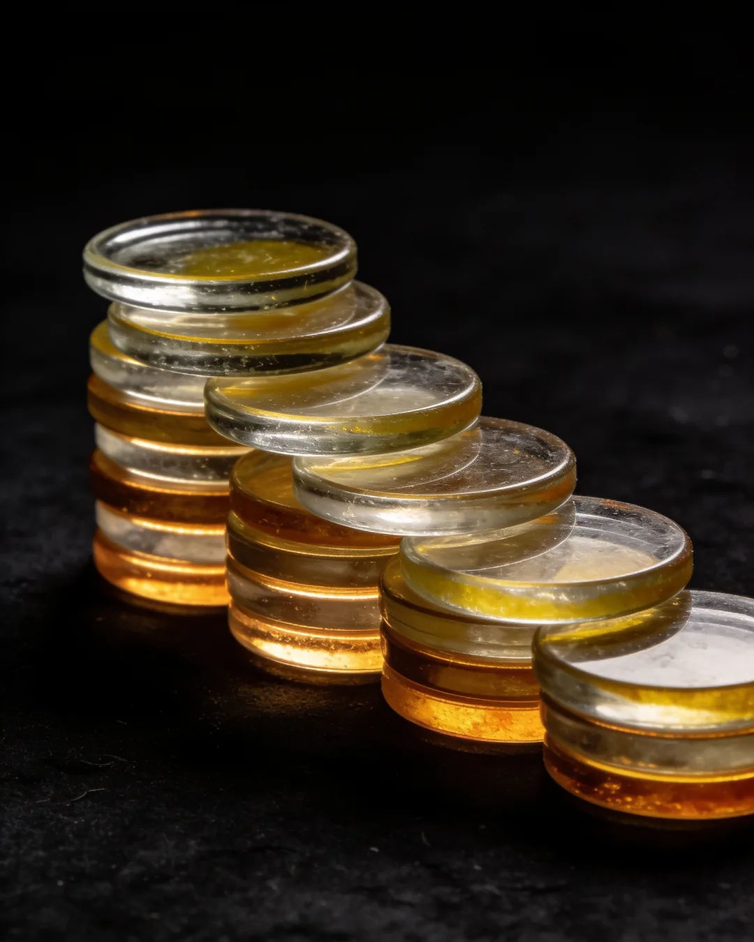 Stacks of glass tokens rising on a black ground