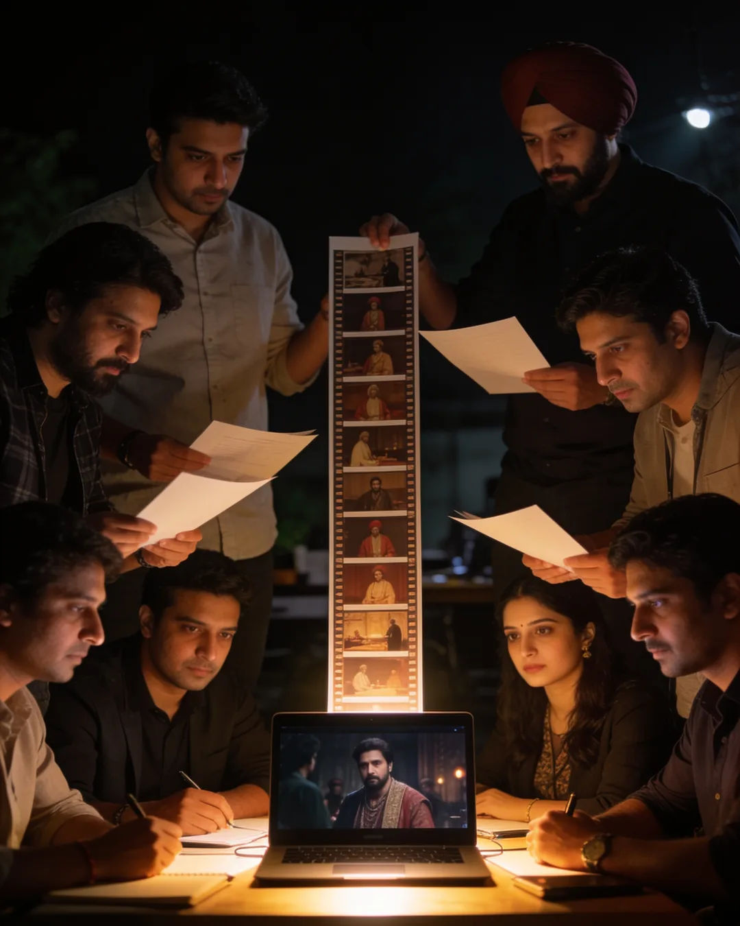 A Punjabi production team reviewing printed frames on a lit table