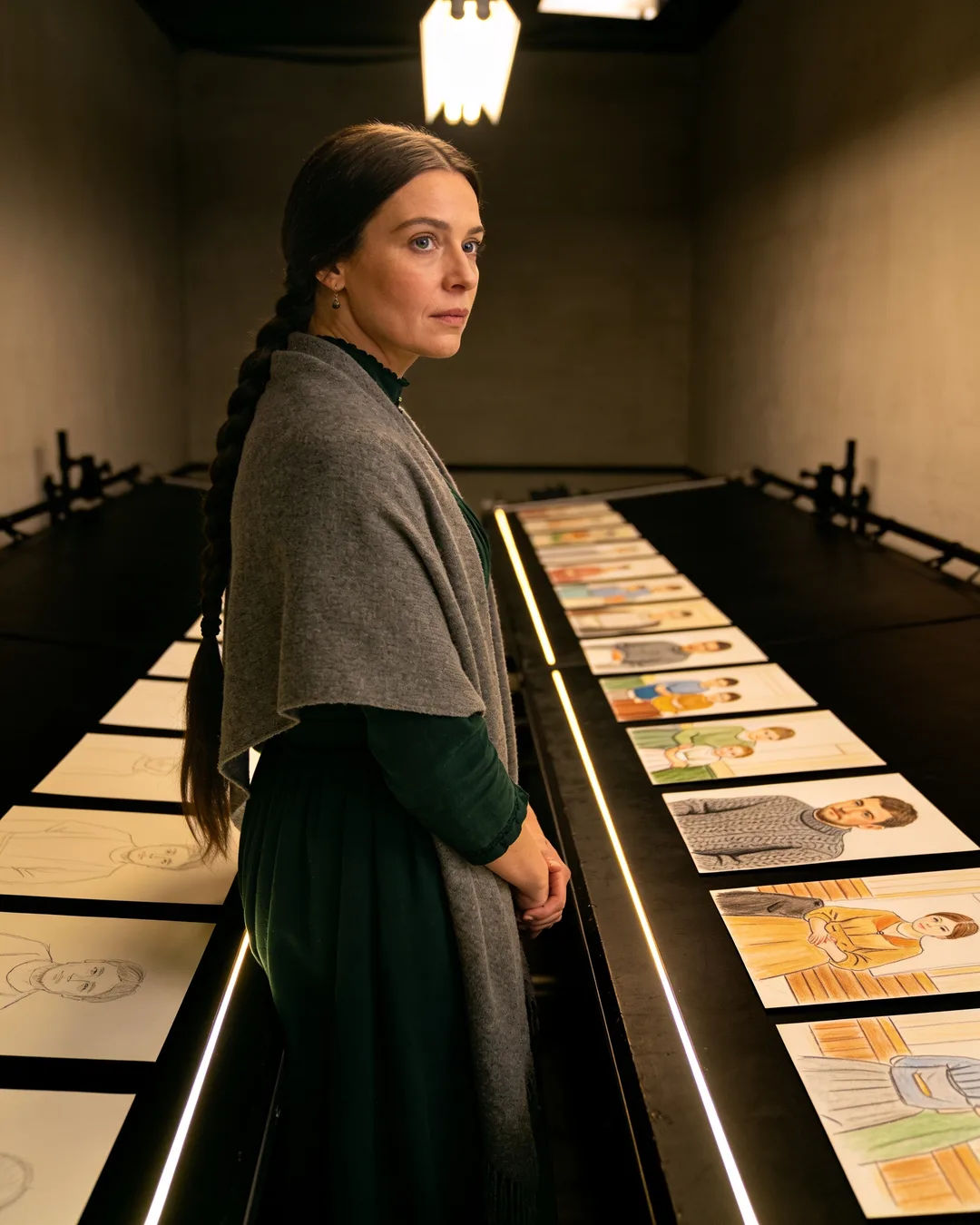 Storyboard cards of a Russian family drama laid out on a production table