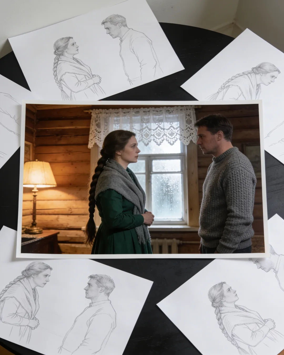 Pencil storyboard sketches around a finished photo of a Russian family scene