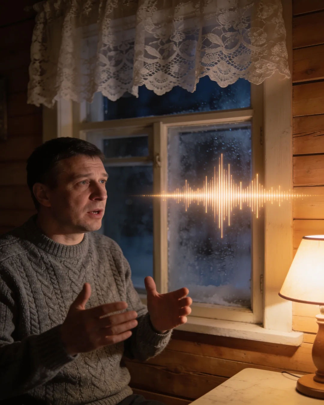 A Russian man in a grey knit sweater speaking at home, a sound waveform beside him