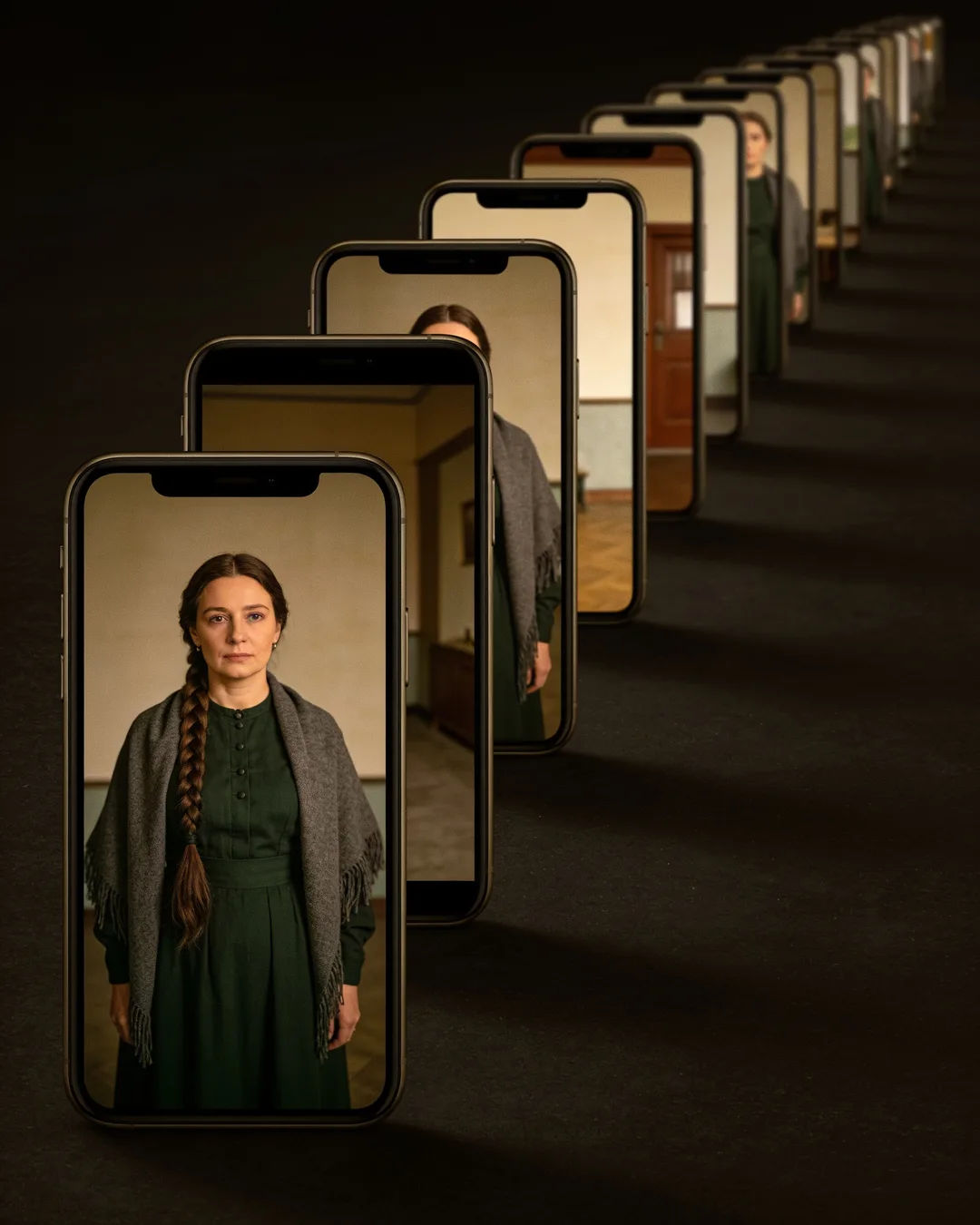 A row of phones showing episodes of the same Russian drama series