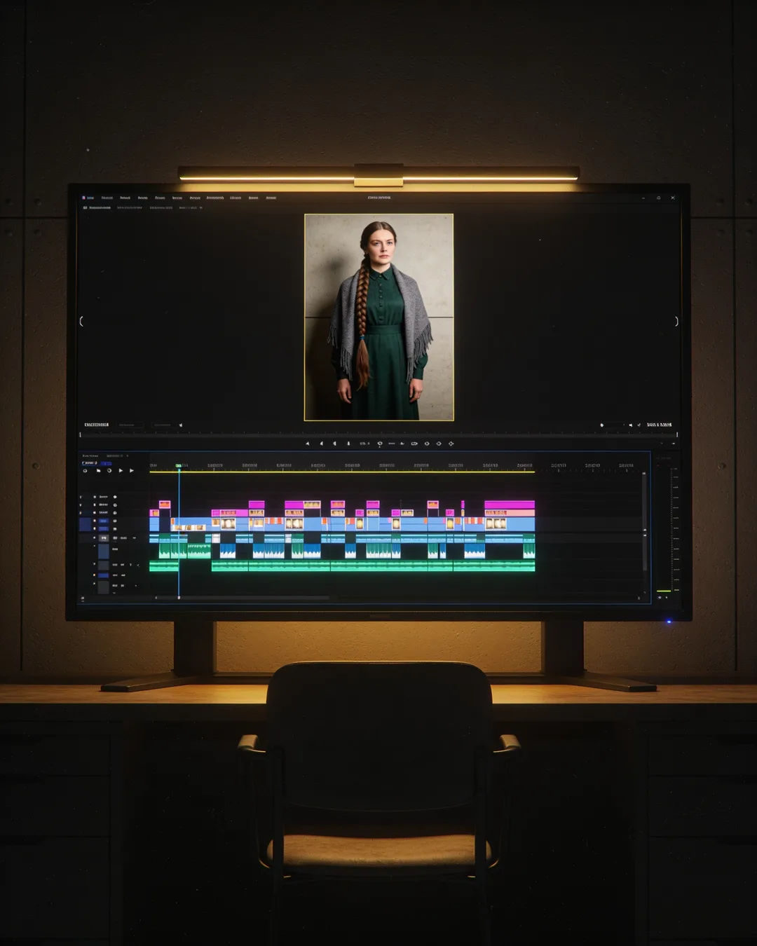 An editing suite with a vertical frame of a Russian woman in a green dress and grey shawl above a timeline