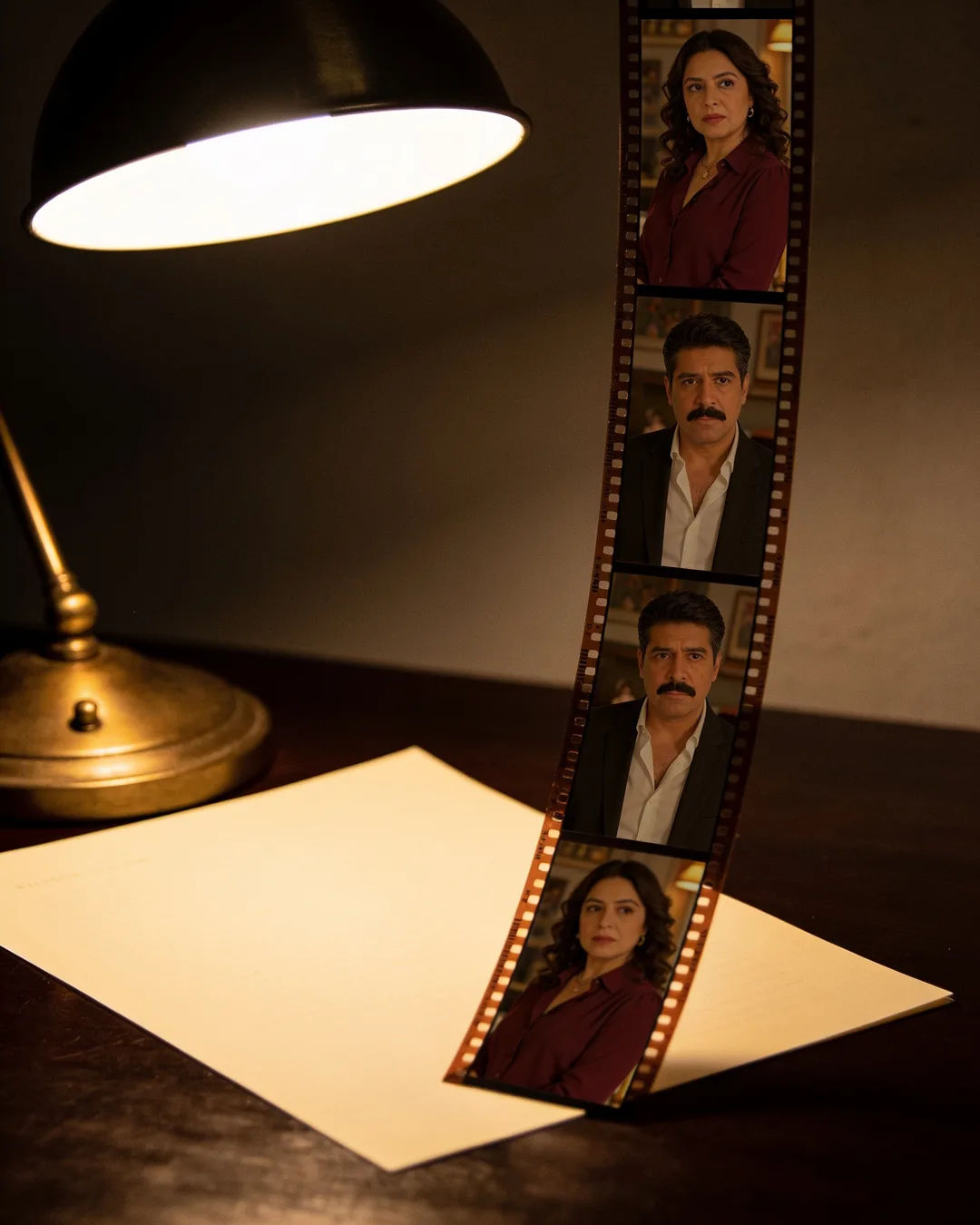 A blank page under a desk lamp beside a strip of film frames from a Spanish-language family drama