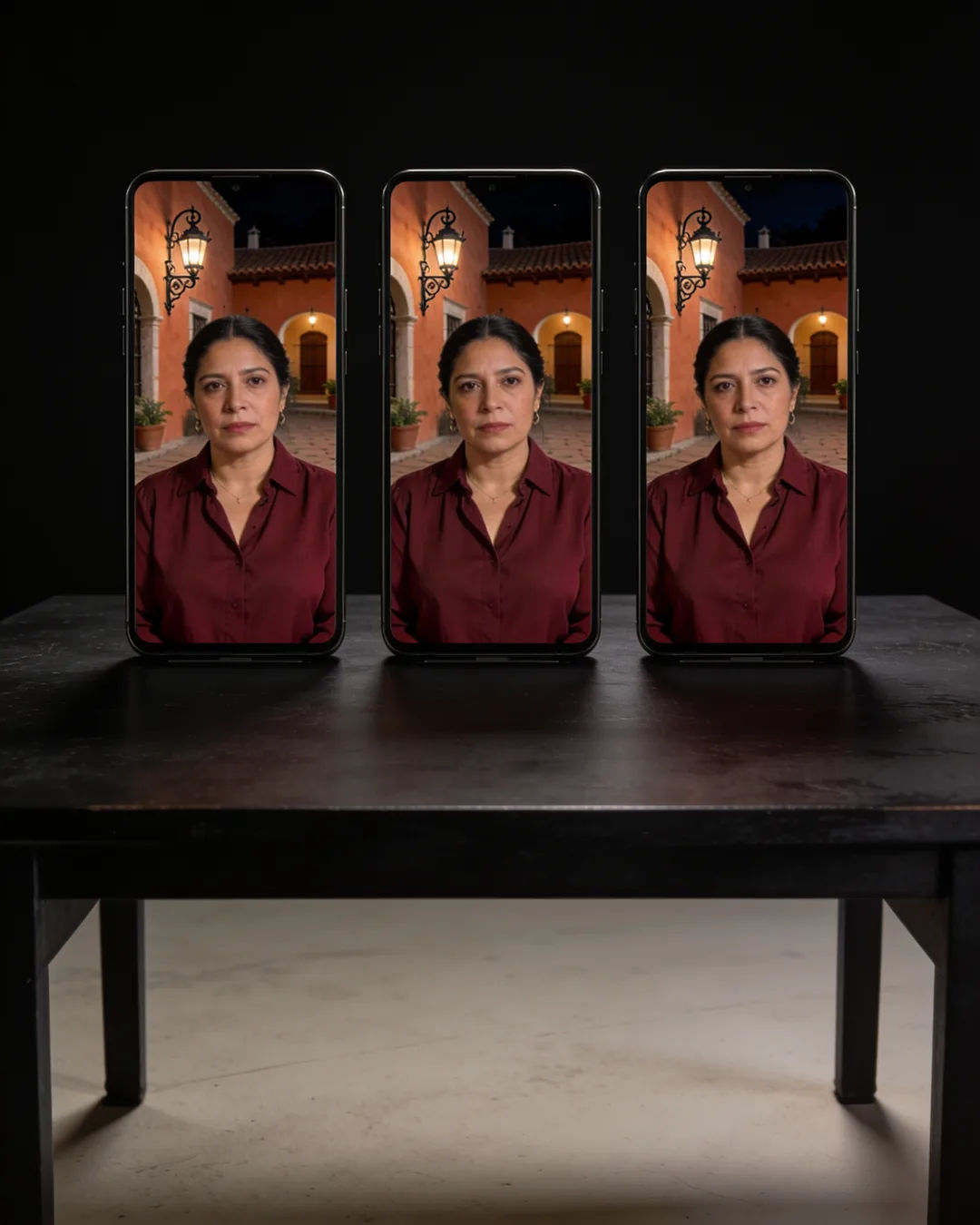 The same Latina woman in a burgundy blouse on three vertical phone screens