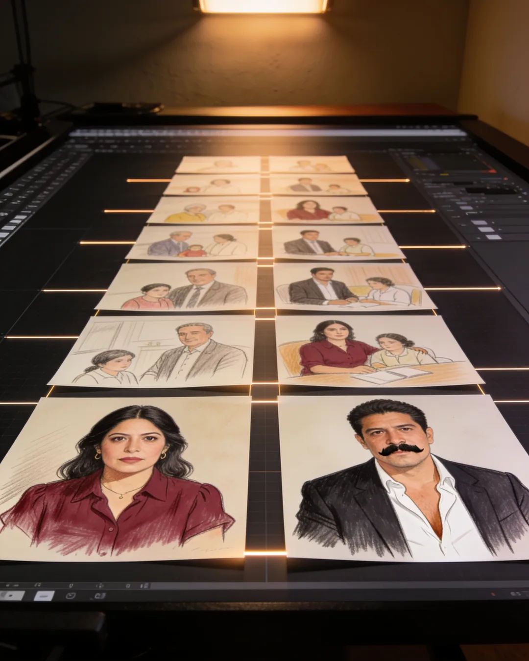 Storyboard cards of a Spanish-language family drama laid out on a production table