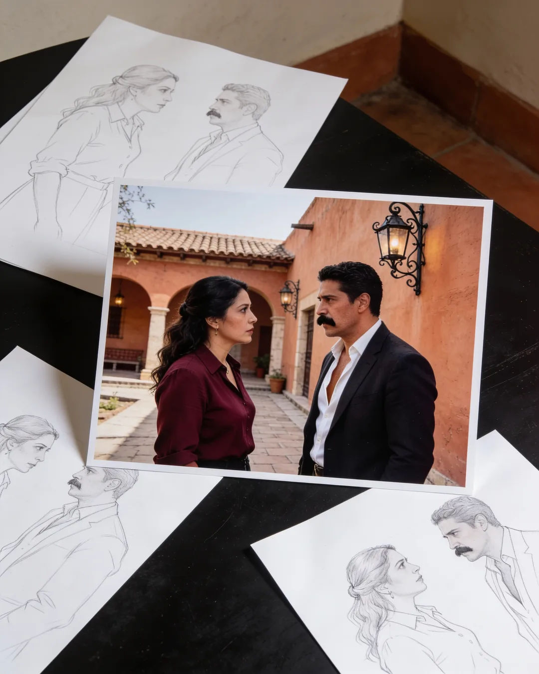 Pencil storyboard sketches around a finished photo of a Spanish-language family scene