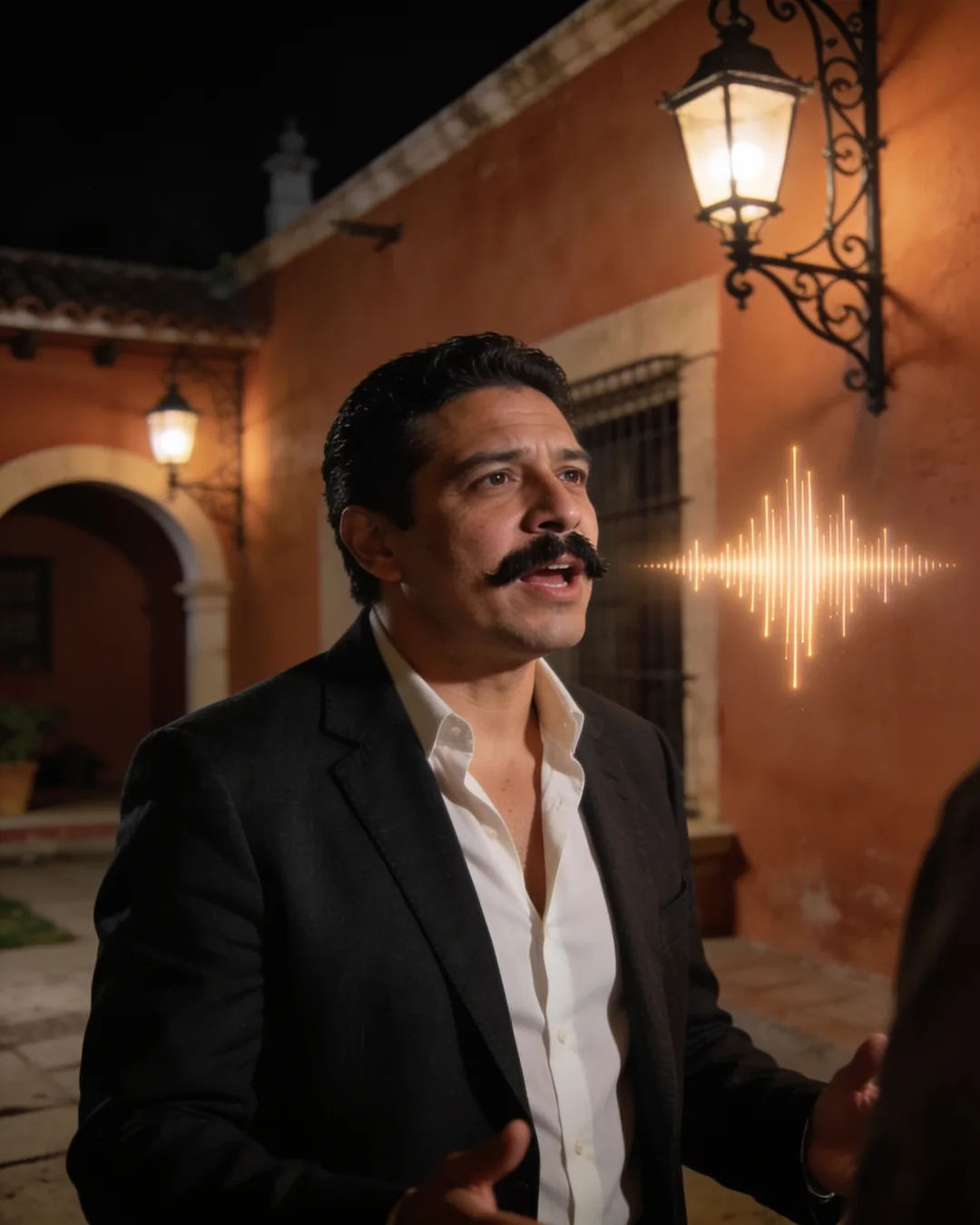 A Latino man in a dark blazer speaking at home, a sound waveform beside him