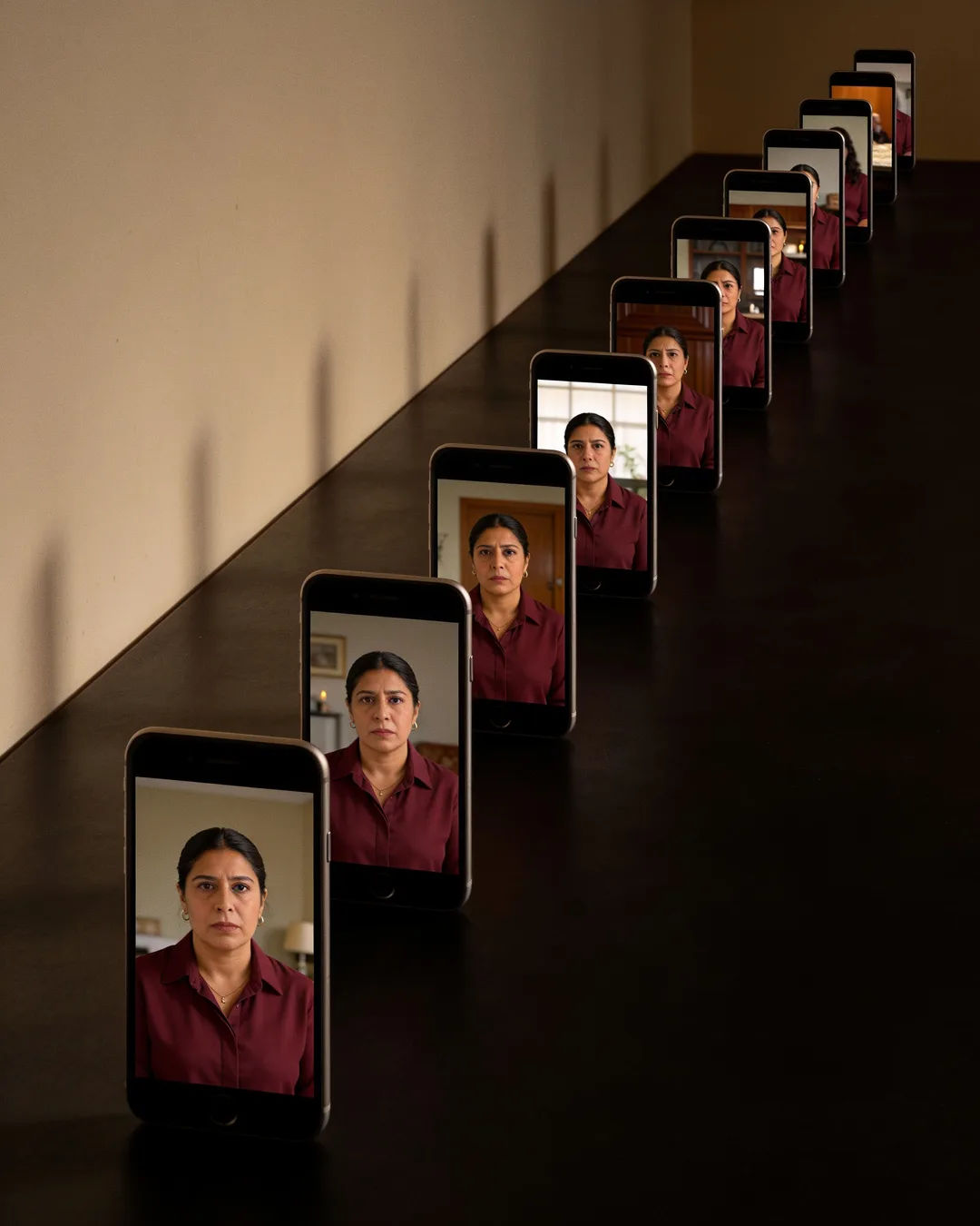 A row of phones showing episodes of the same Spanish-language drama series