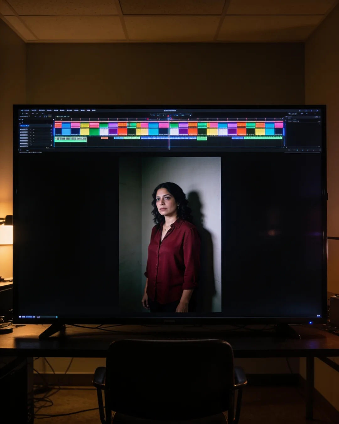 An editing suite with a vertical frame of a Latina woman in a burgundy blouse above a timeline