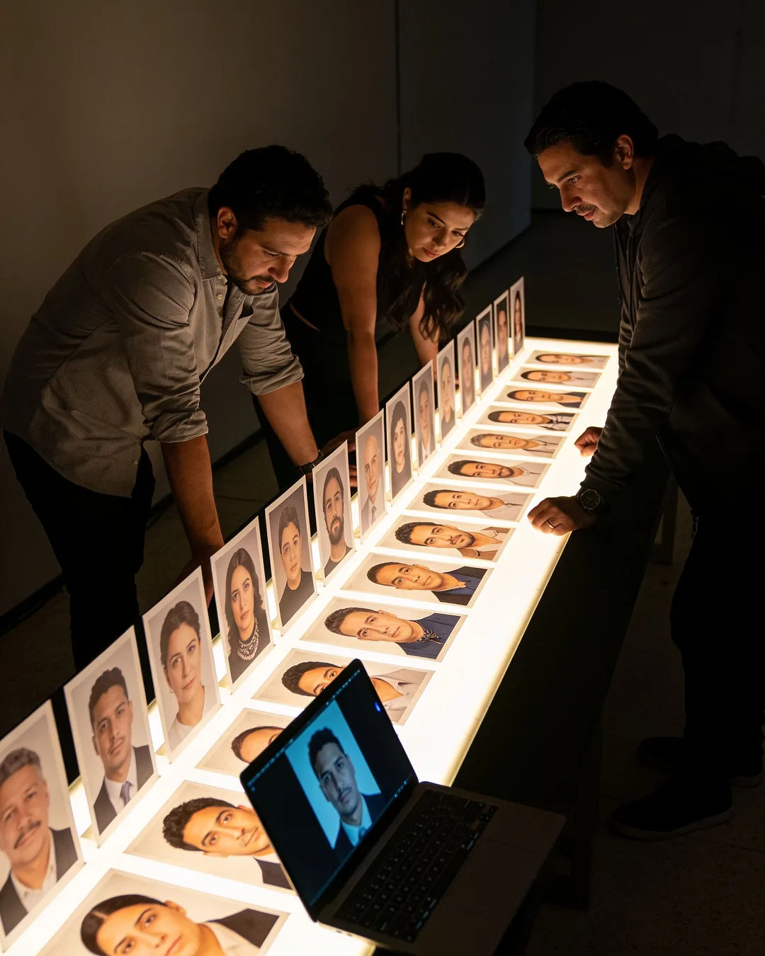 A Latin American production team reviewing printed frames on a lit table