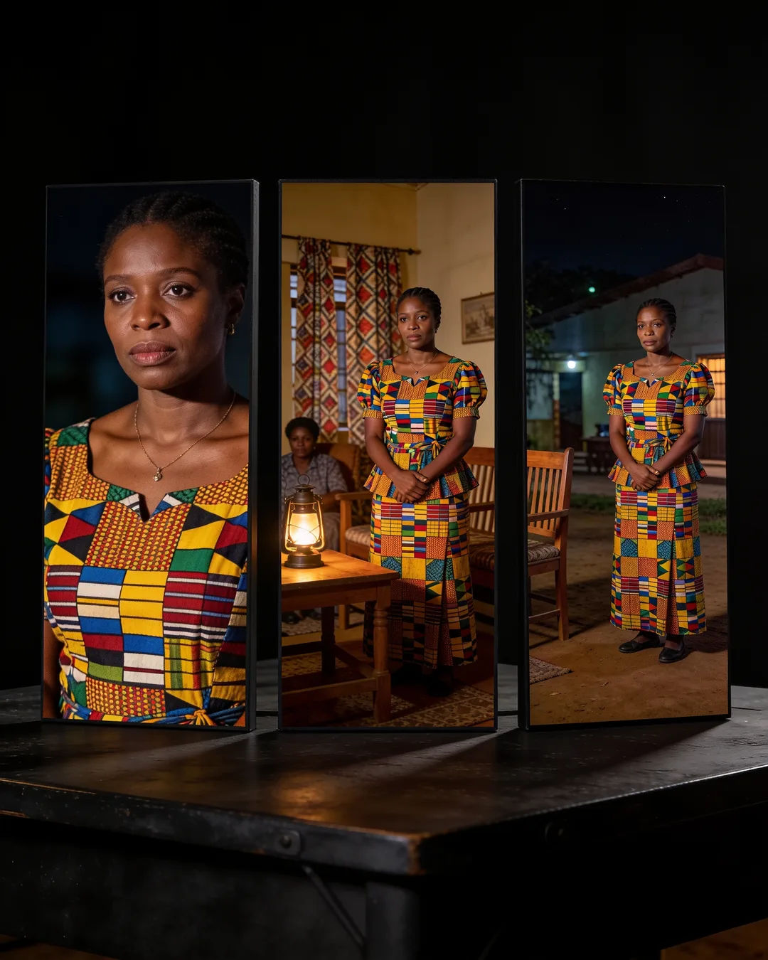The same East African woman in a kitenge print dress on three vertical phone screens