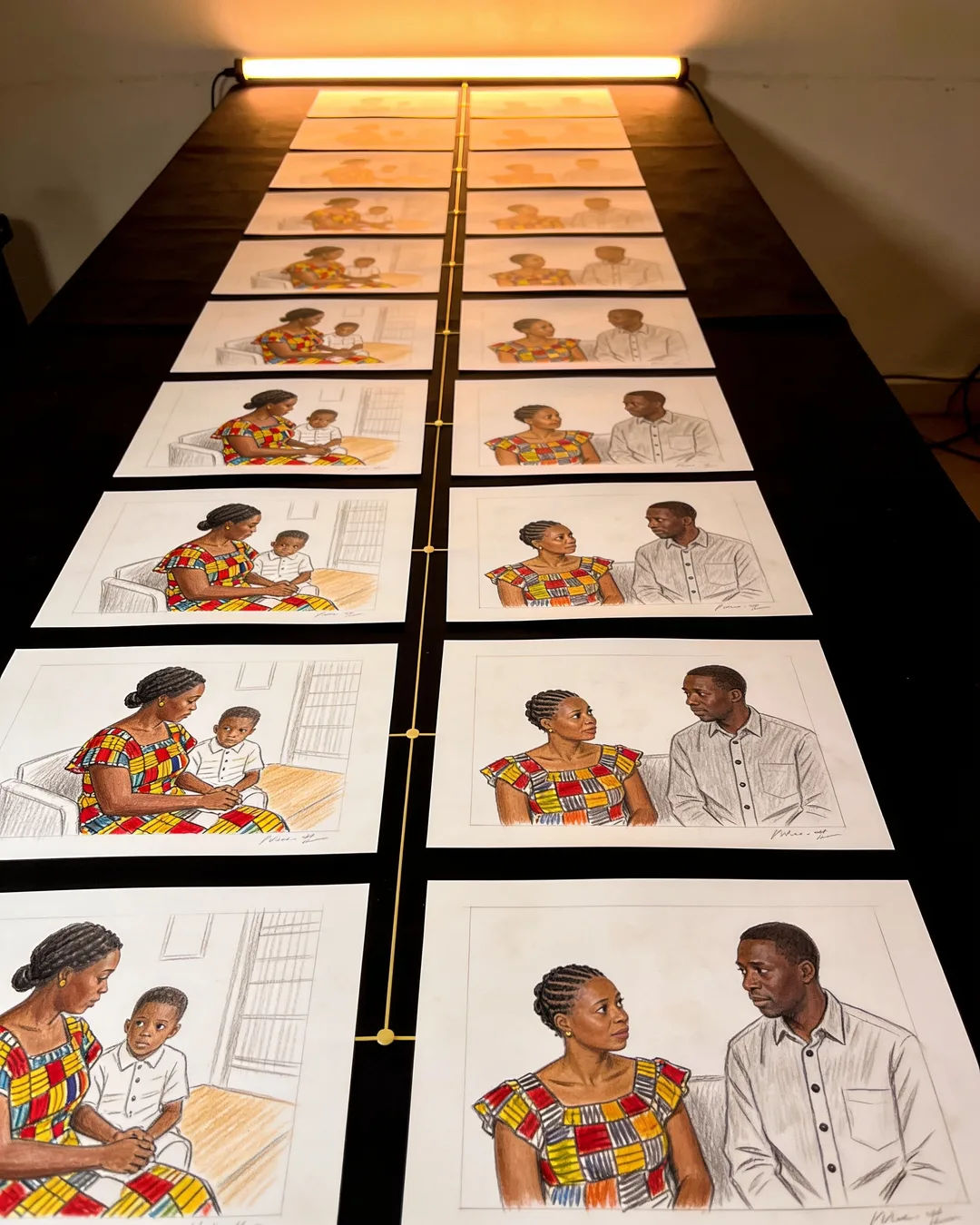 Storyboard cards of an East African family drama laid out on a production table