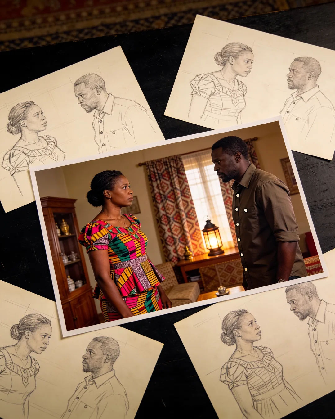 Pencil storyboard sketches around a finished photo of an East African family scene