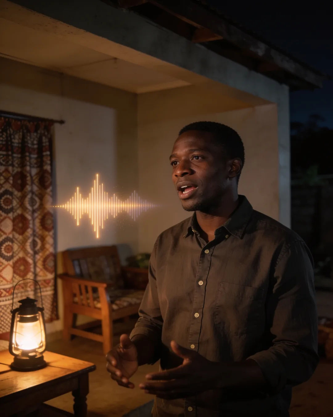 An East African man in a button-down shirt speaking at home, a sound waveform beside him