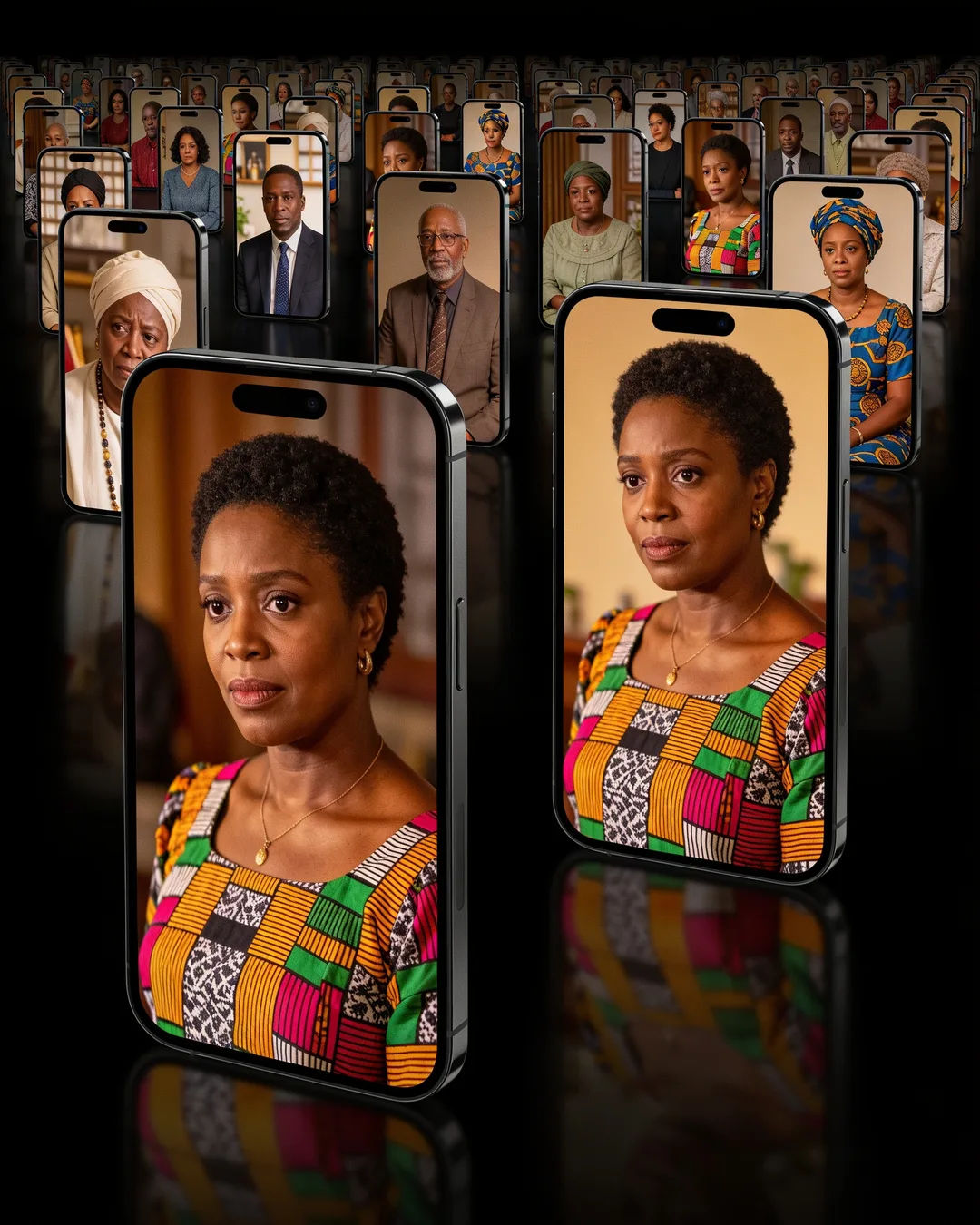 A row of phones showing episodes of the same East African drama series