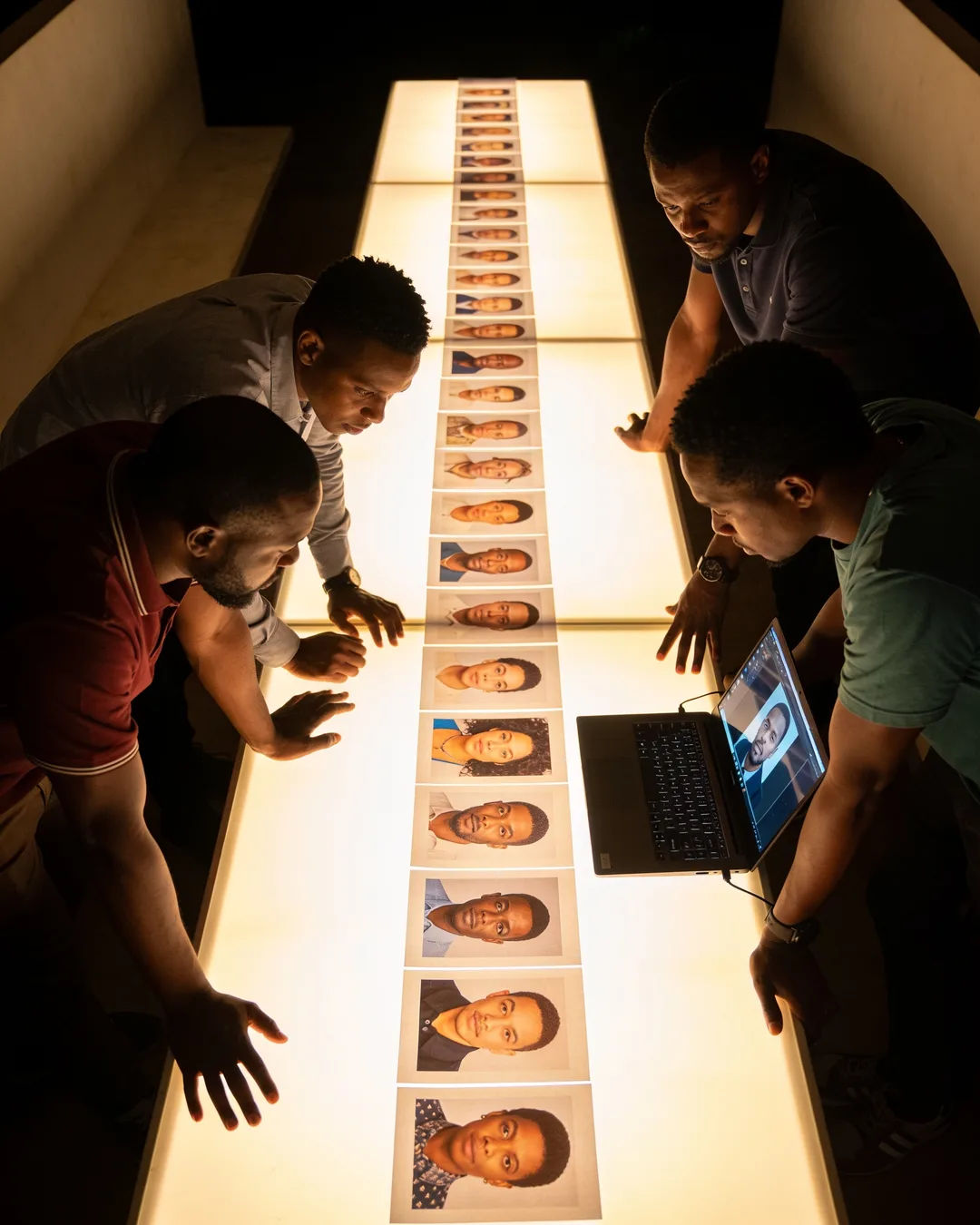An East African production team reviewing printed frames on a lit table