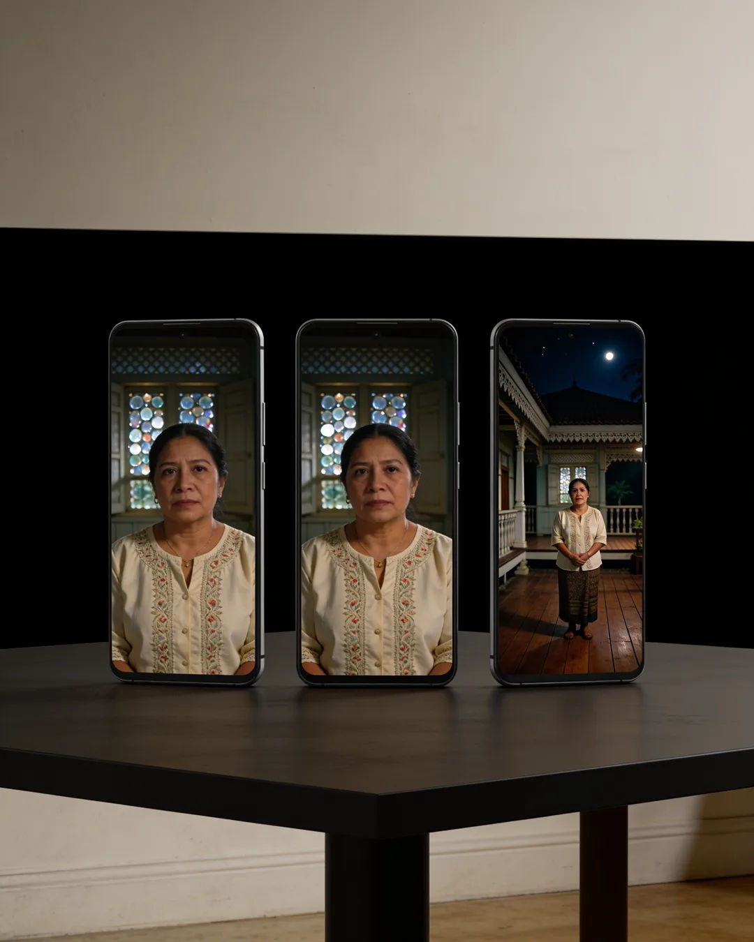 The same Filipina woman in a cream blouse on three vertical phone screens